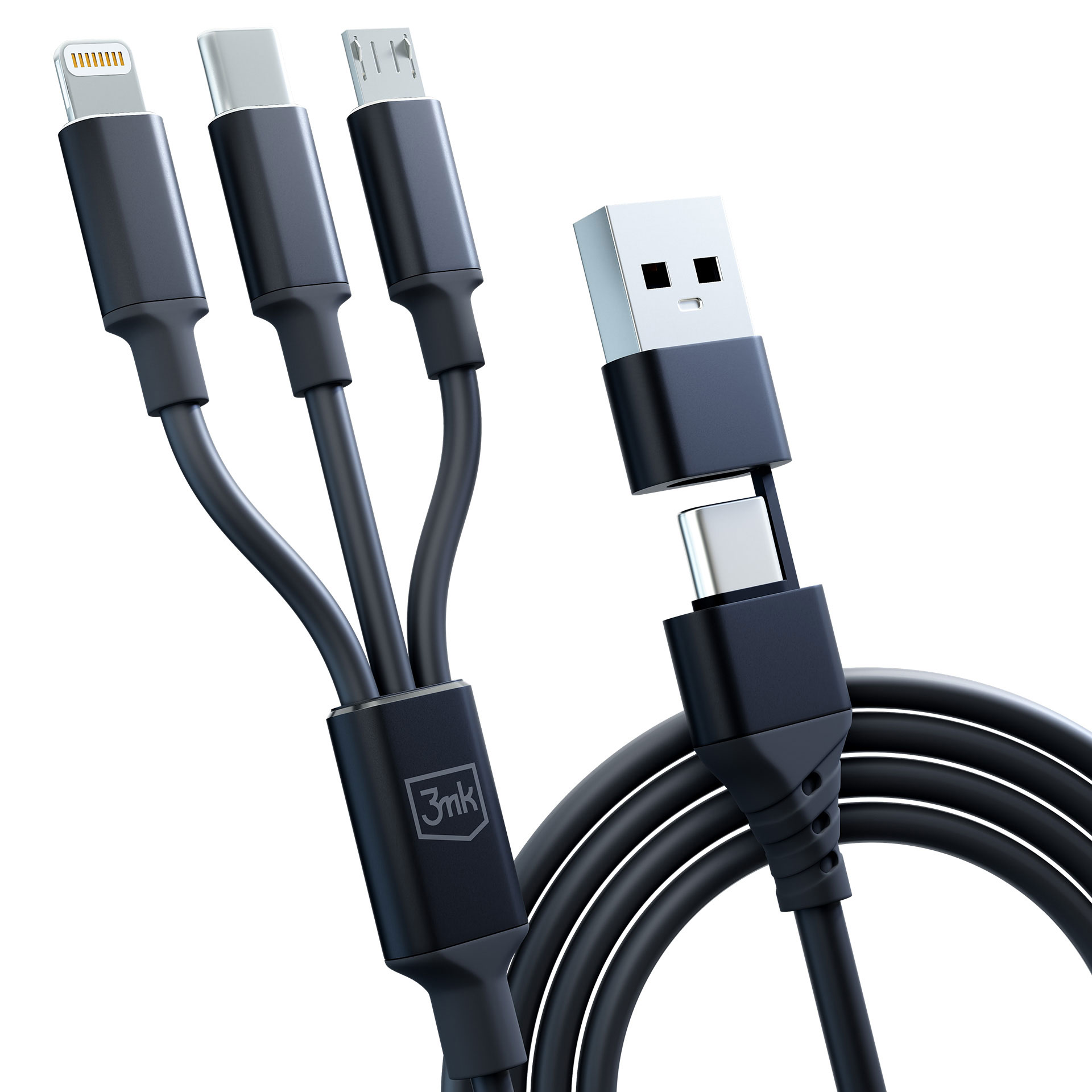Czarny kabel ładujący z trzema złączami: Lightning, USB-C i Micro-USB oraz złączem USB.