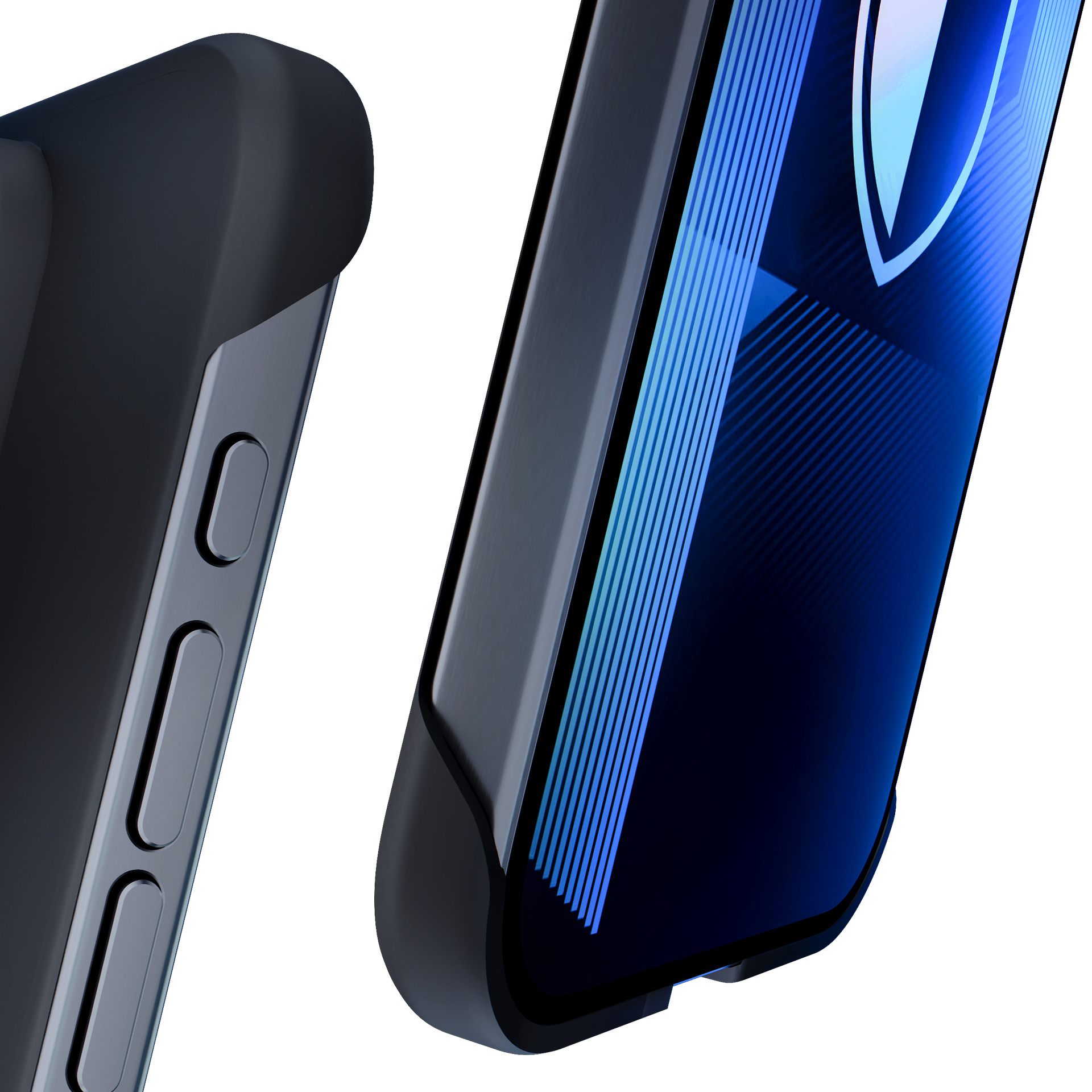 Zbliżenie telefonu w czarnym etui. Przyciski widoczne z boku. Białe tło.