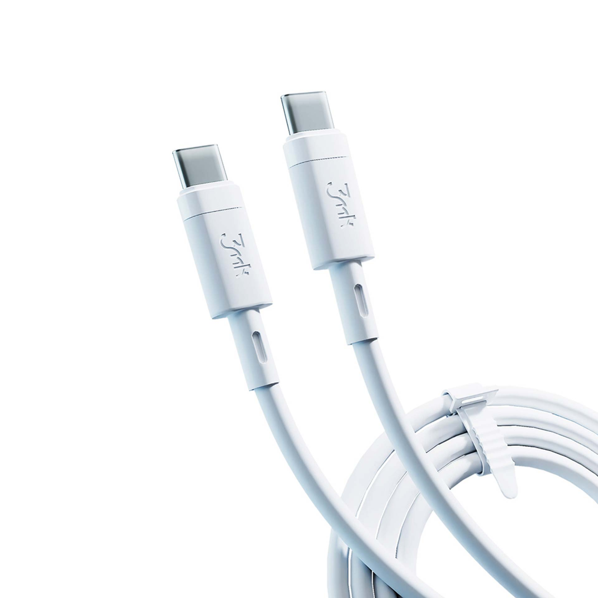 Biały kabel ładujący USB-C. Kabel jest oznaczony logo 3mk. Kabel jest biały.