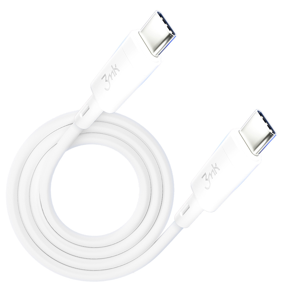 Biały kabel USB-C zwinięty, z wtykami na obu końcach. Kabel na białym tle.