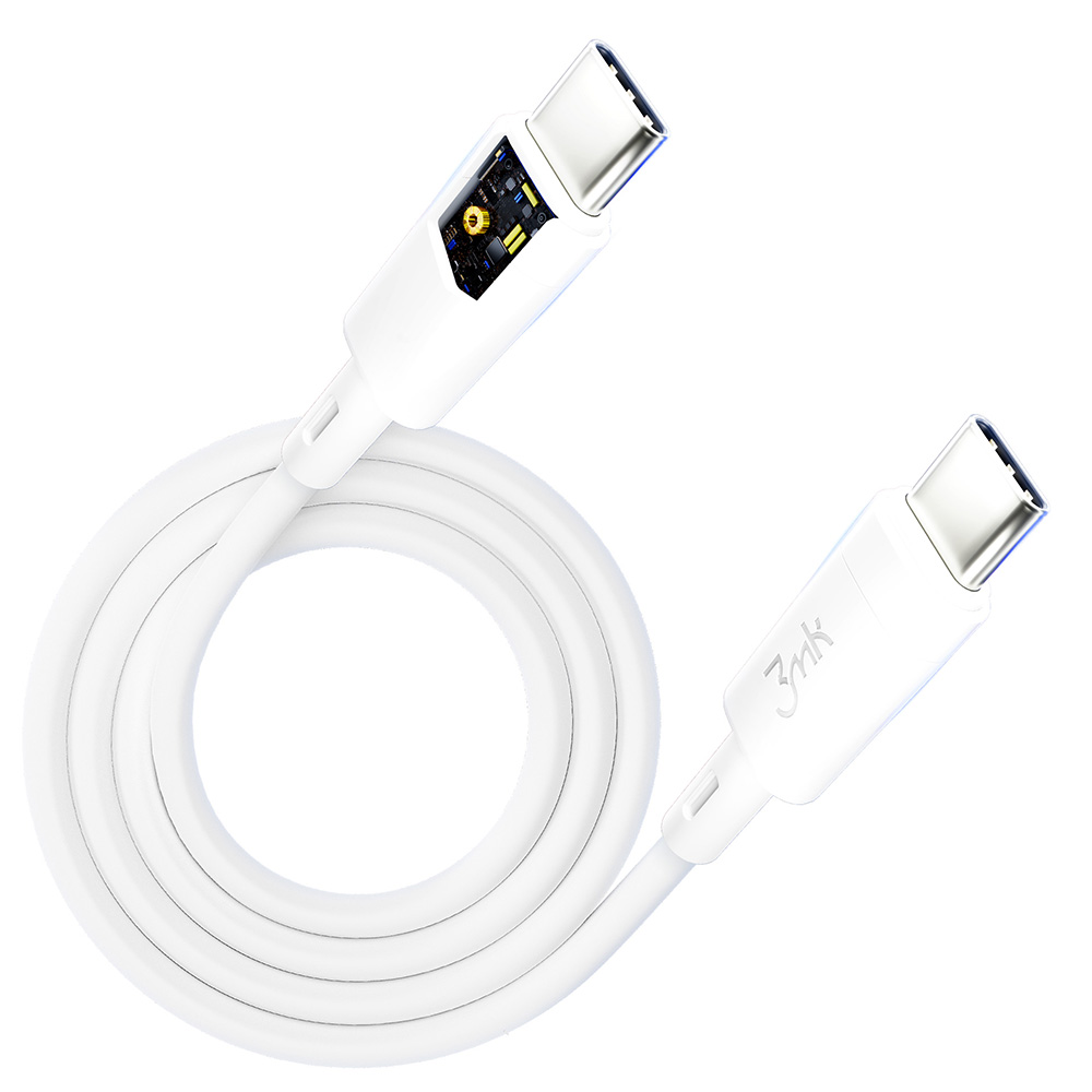 Biały kabel ładujący USB-C z przezroczystym odcinkiem. Kabel jest oznaczony logo 3mk.