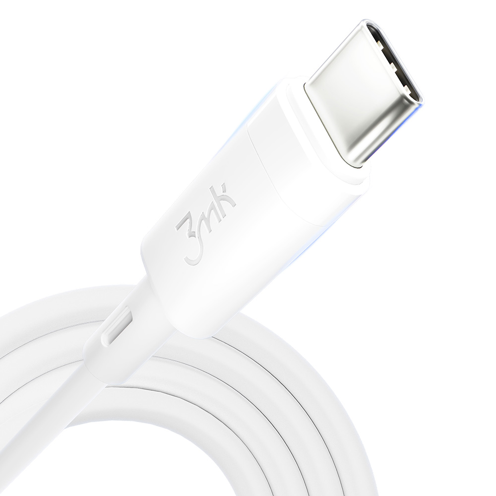 Zbliżenie na biały kabel ładujący USB-C z logo 3mk. Kabel jest biały.