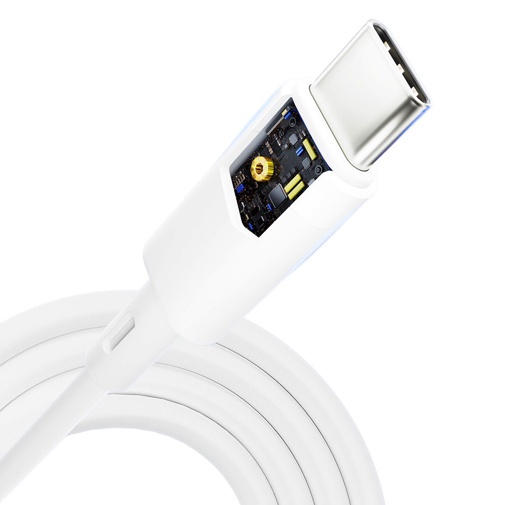 Zbliżenie białego złącza kabla USB-C, przecięte, aby pokazać wewnętrzne obwody.
