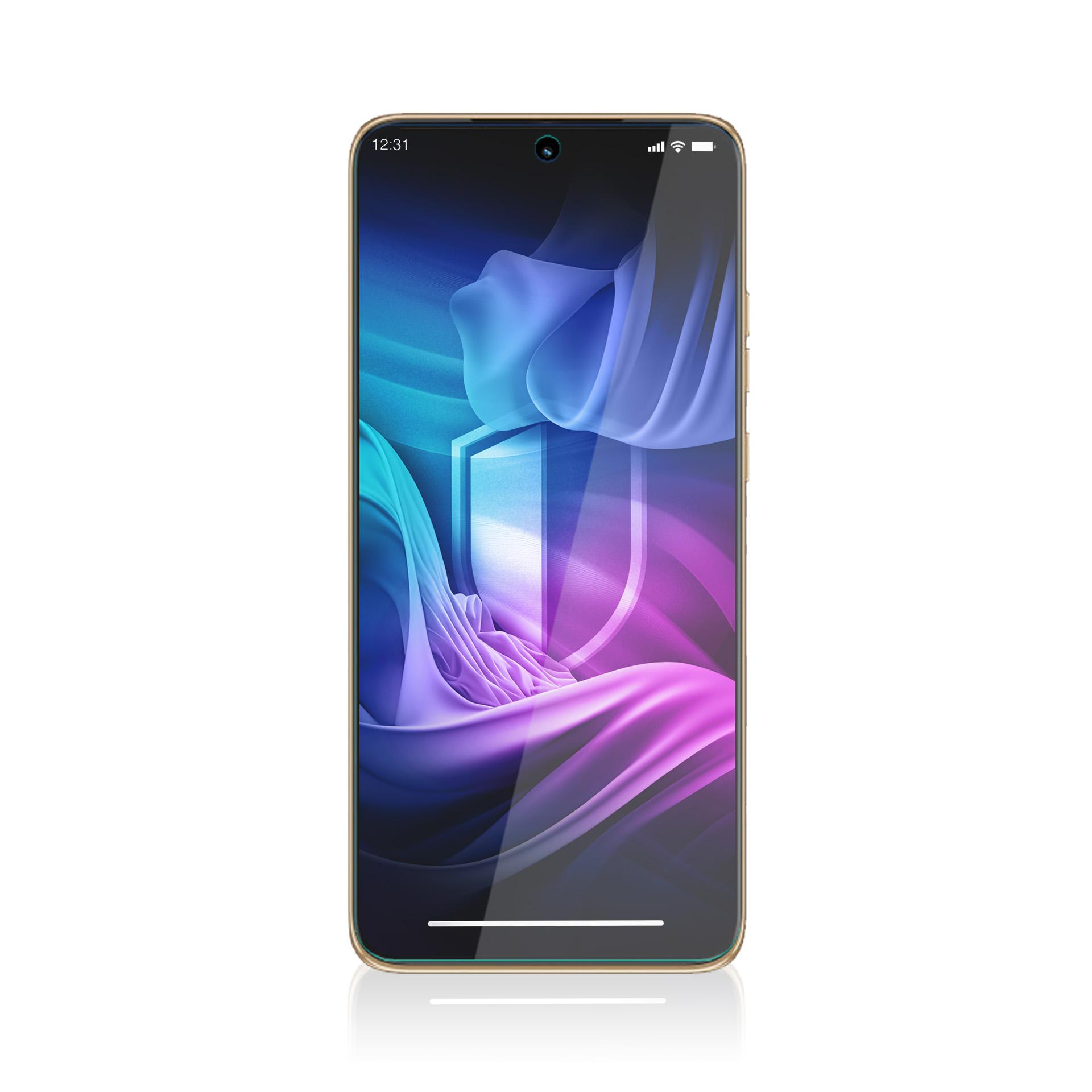 Smartphone con schermo che mostra arte astratta. Il telefono è su sfondo bianco.