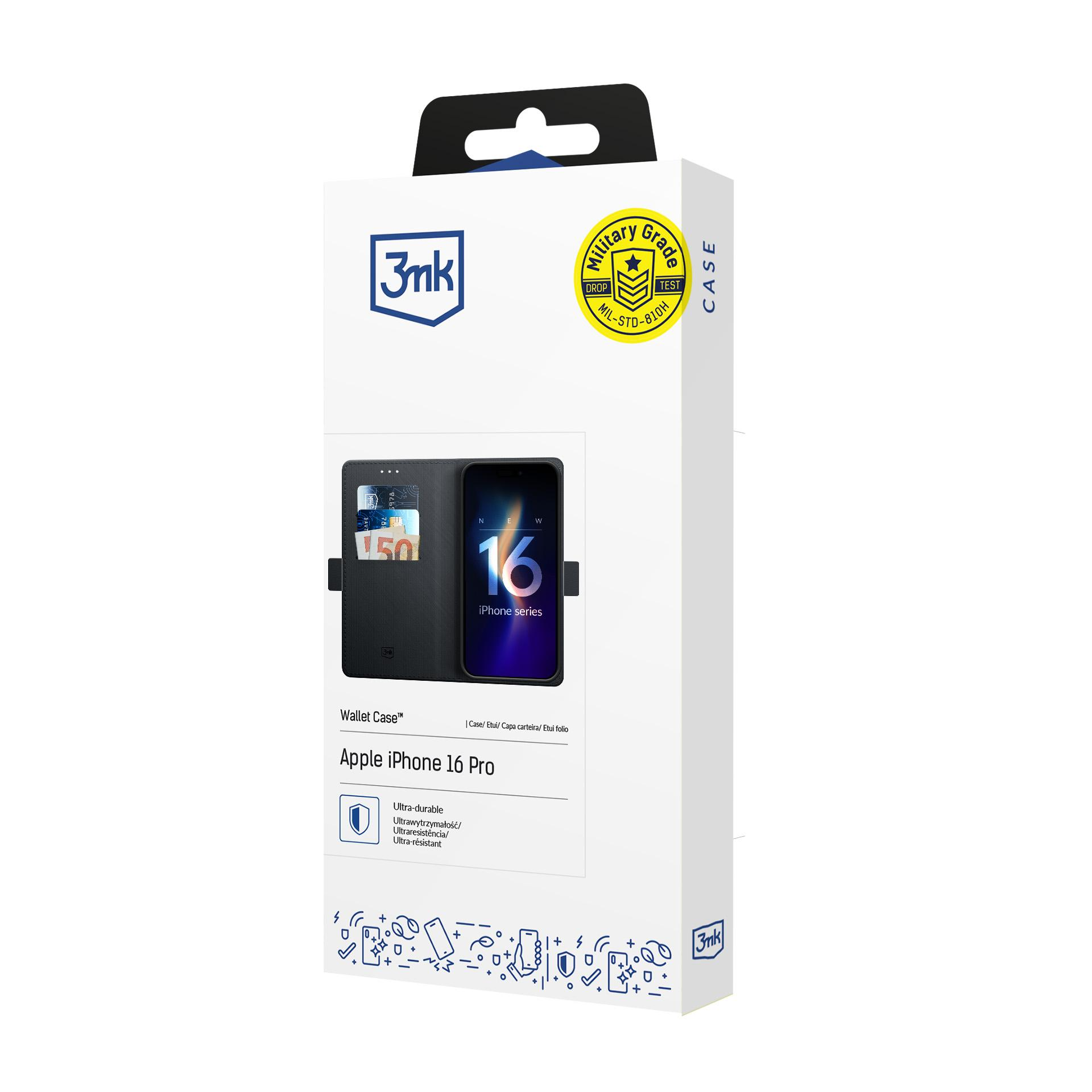Custodia A Portafoglio Con Magnete Per IPhone 16 Pro | Pelle PU Nera Con 2 Slot Per Carte E Supporto | Protezione Completa