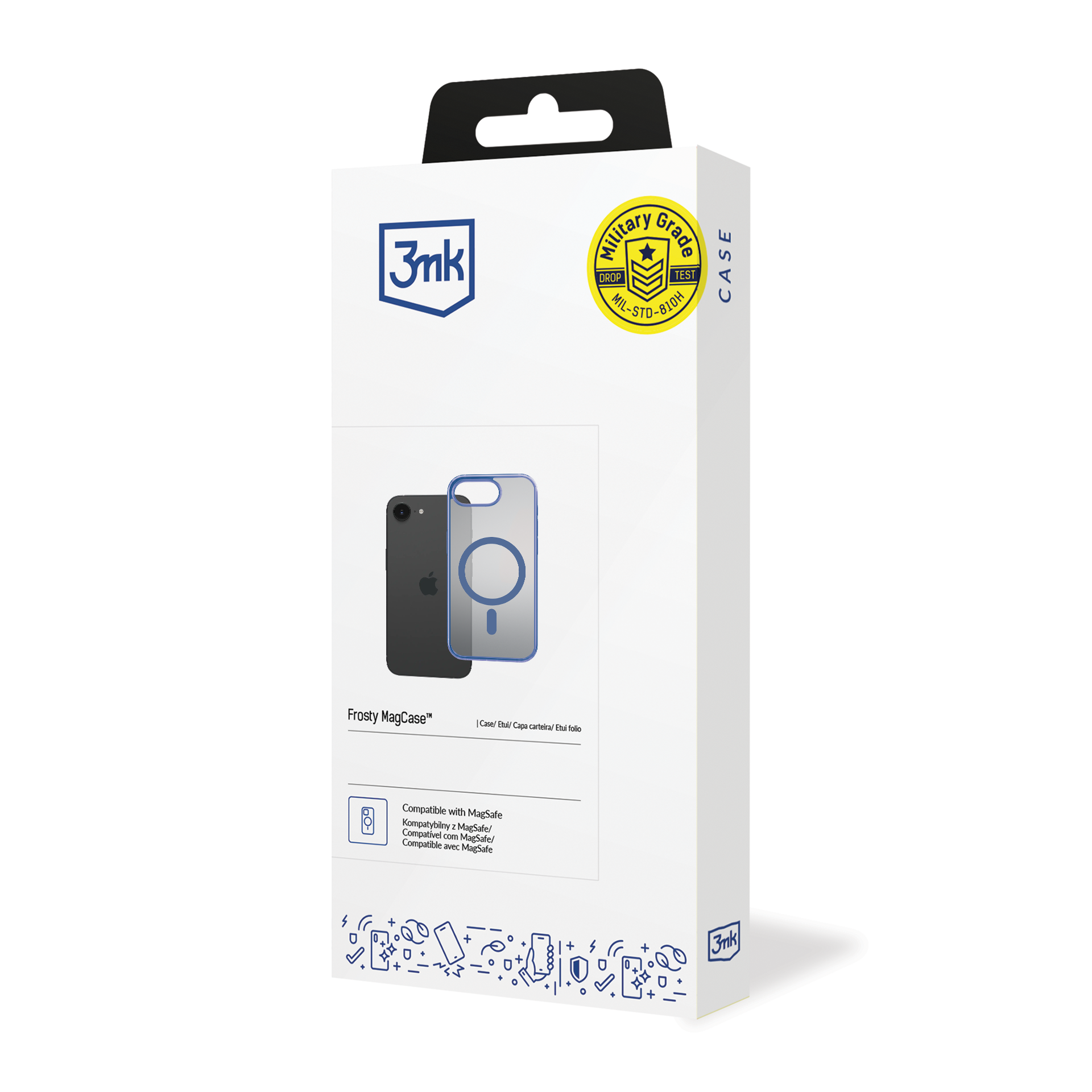 Biało-niebieskie pudełko z etui na telefon z przodu. Widoczny tekst i logo.