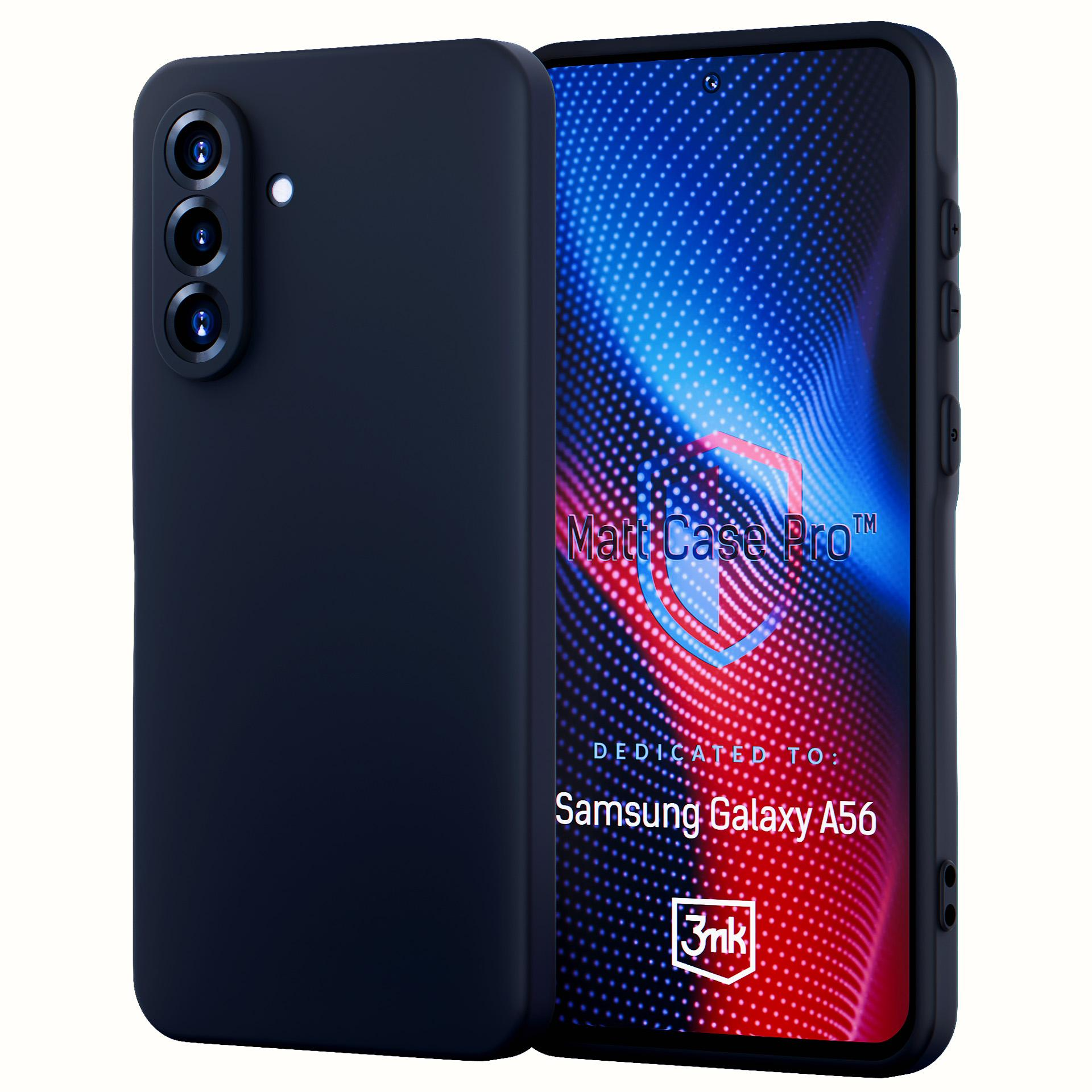 Granatowe etui na telefon Samsung A56, stojące. Telefon jest po prawej stronie etui.