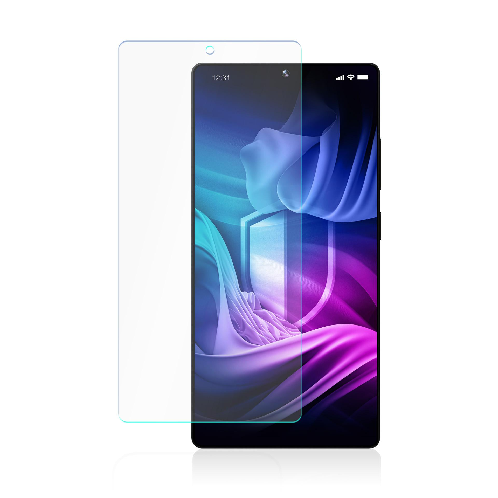 Telefon z ochroną ekranu. Ekran telefonu pokazuje interfejs z jasnoniebieskim tłem.