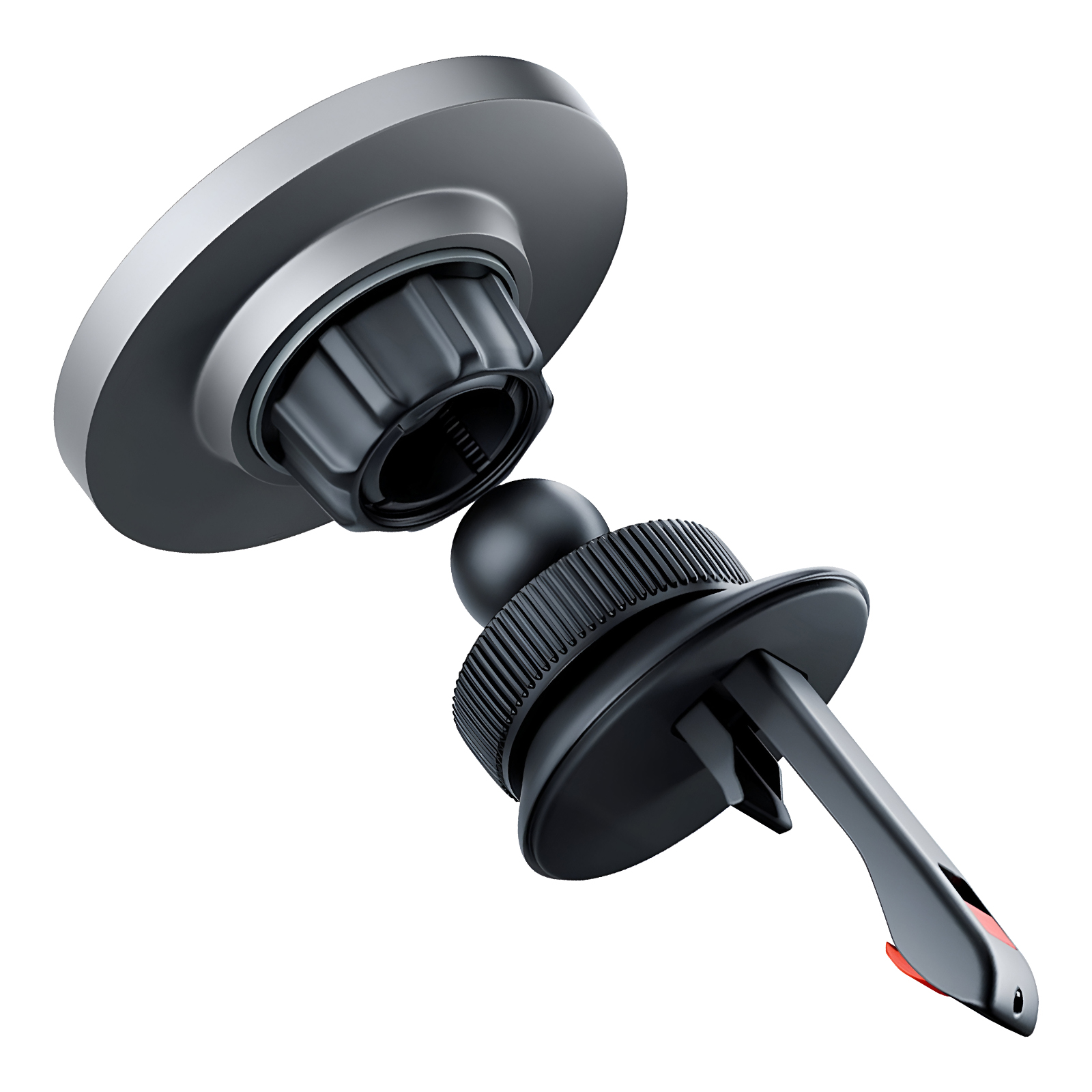 Czarny i srebrny uchwyt samochodowy do telefonu, częściowo zdemontowany. Na białym tle.