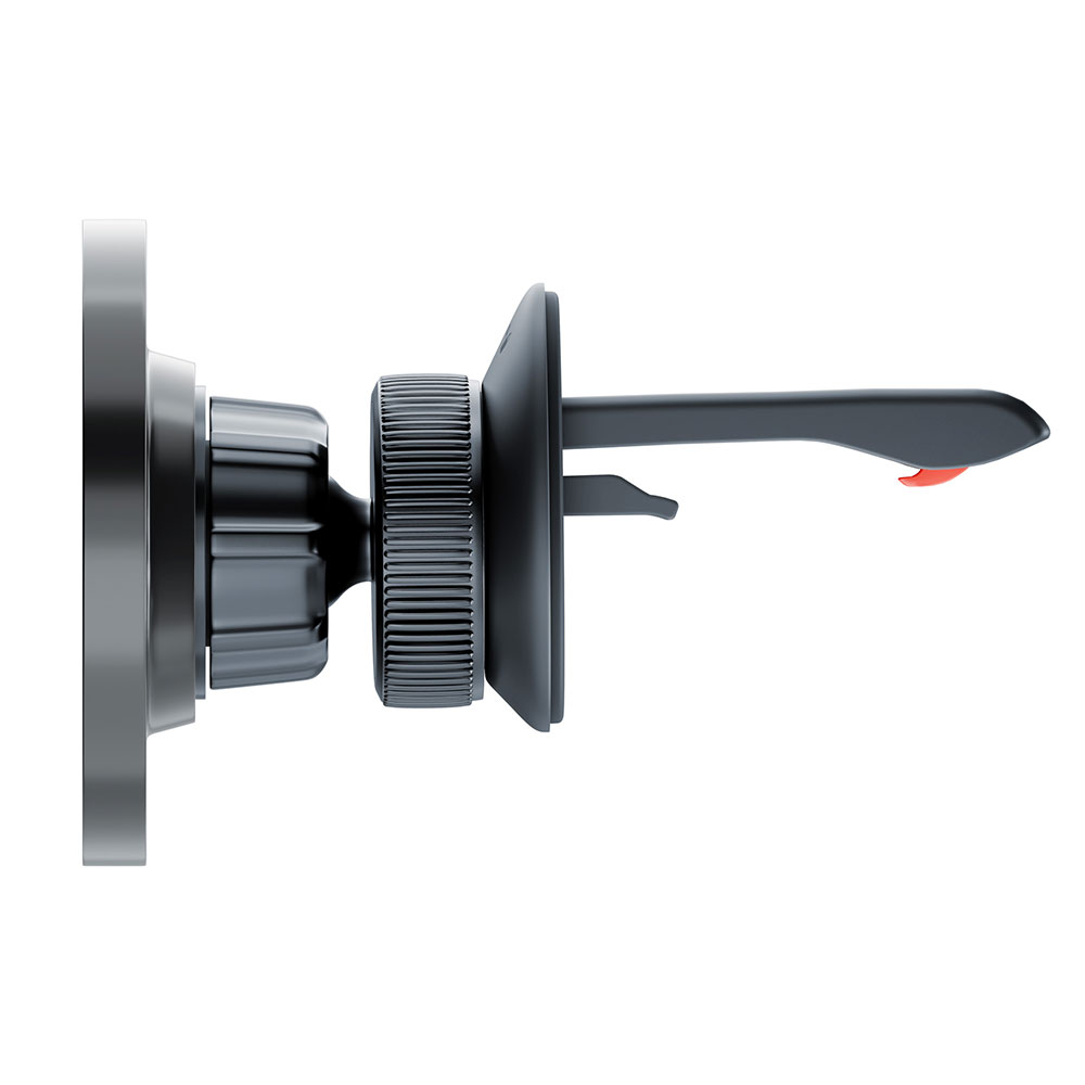 Widok z boku czarnego uchwytu samochodowego z czerwonym akcentem na białym tle, przeznaczonego do mocowania do kratki wentylacyjnej.