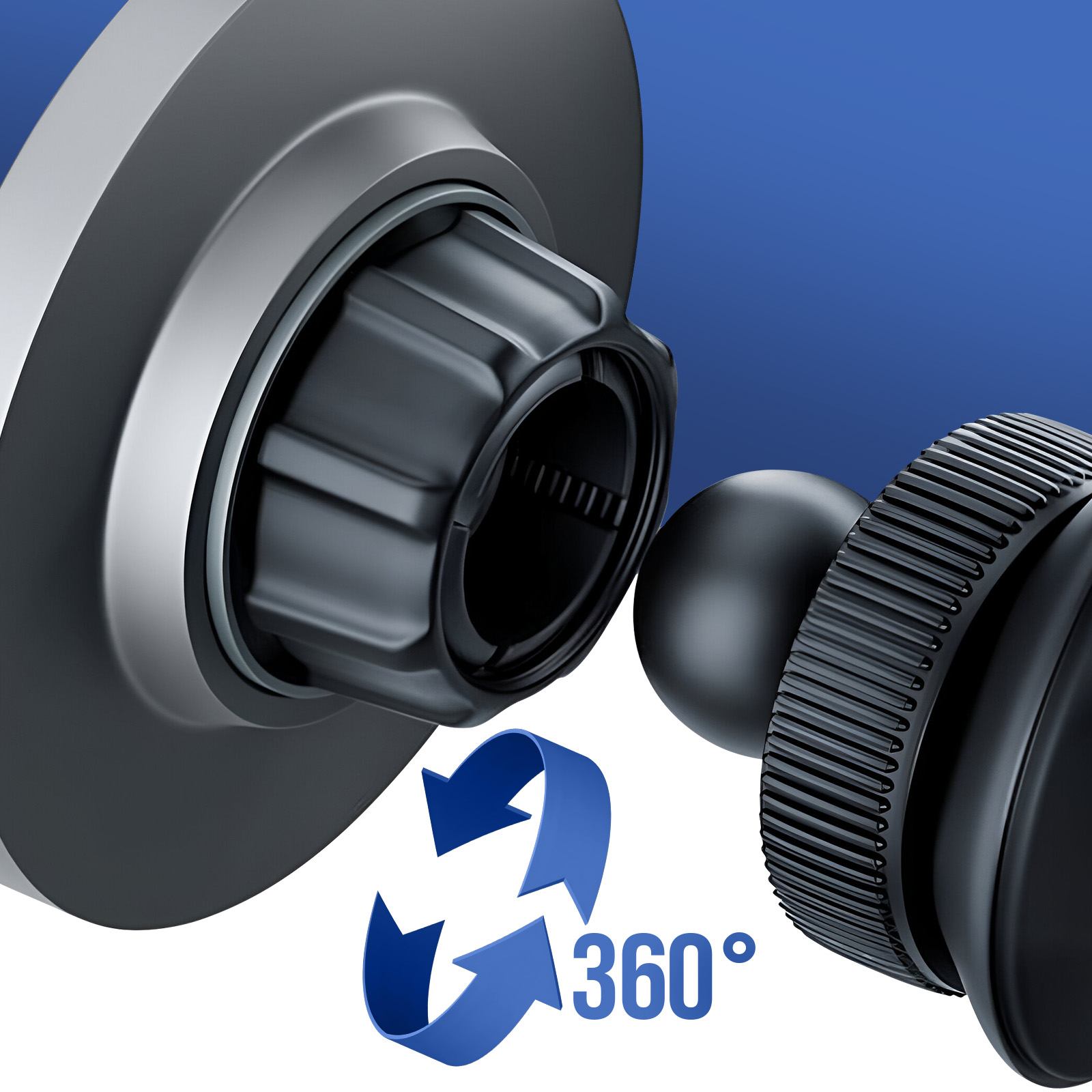 Zbliżenie uchwytu samochodowego do telefonu. Widoczne obracające się strzałki i tekst '360°'.