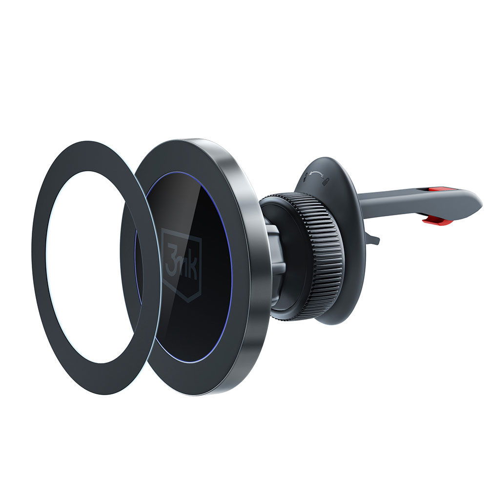 Czarny uchwyt samochodowy do telefonu. Uchwyt jest na białym tle. Widoczne jest logo 3mk.