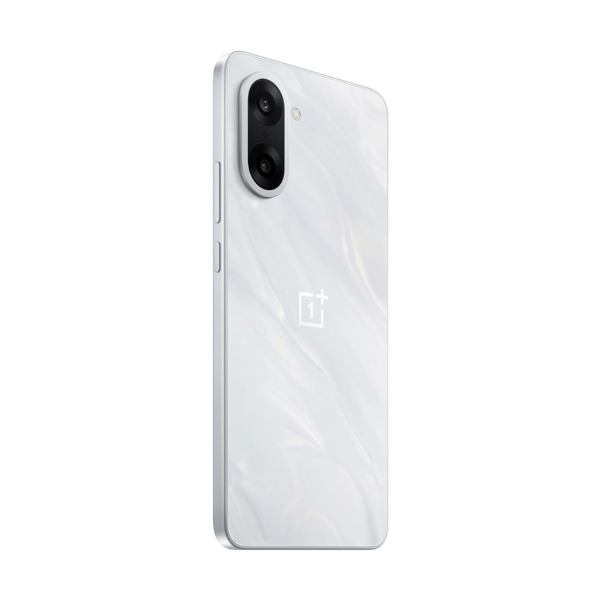 Tył telefonu z podwójnymi aparatami i logo OnePlus. Biała, teksturowana powierzchnia.