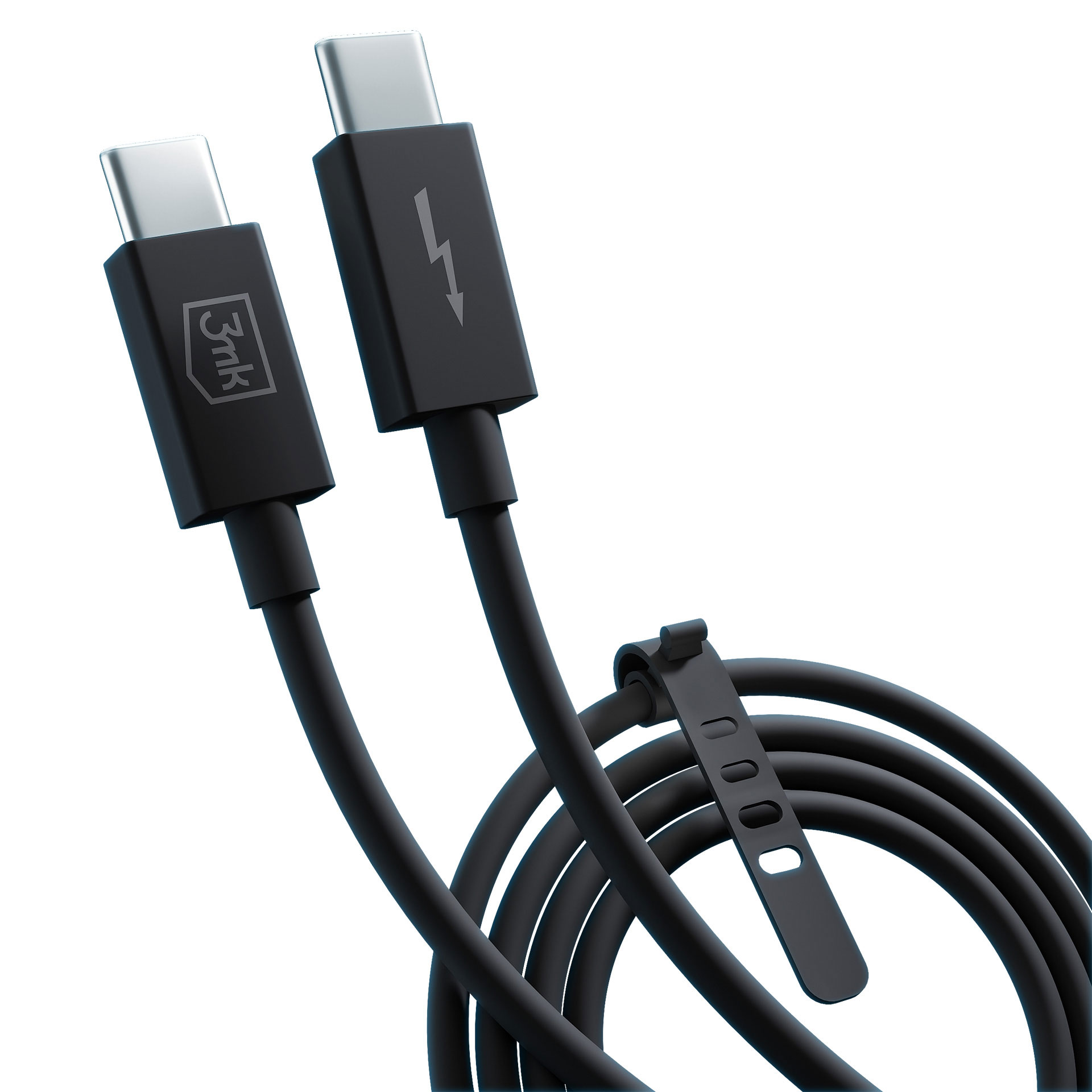 Dwa czarne kable USB-C ze złączami. Jeden kabel ma symbol błyskawicy. Dołączony jest czarny pasek.