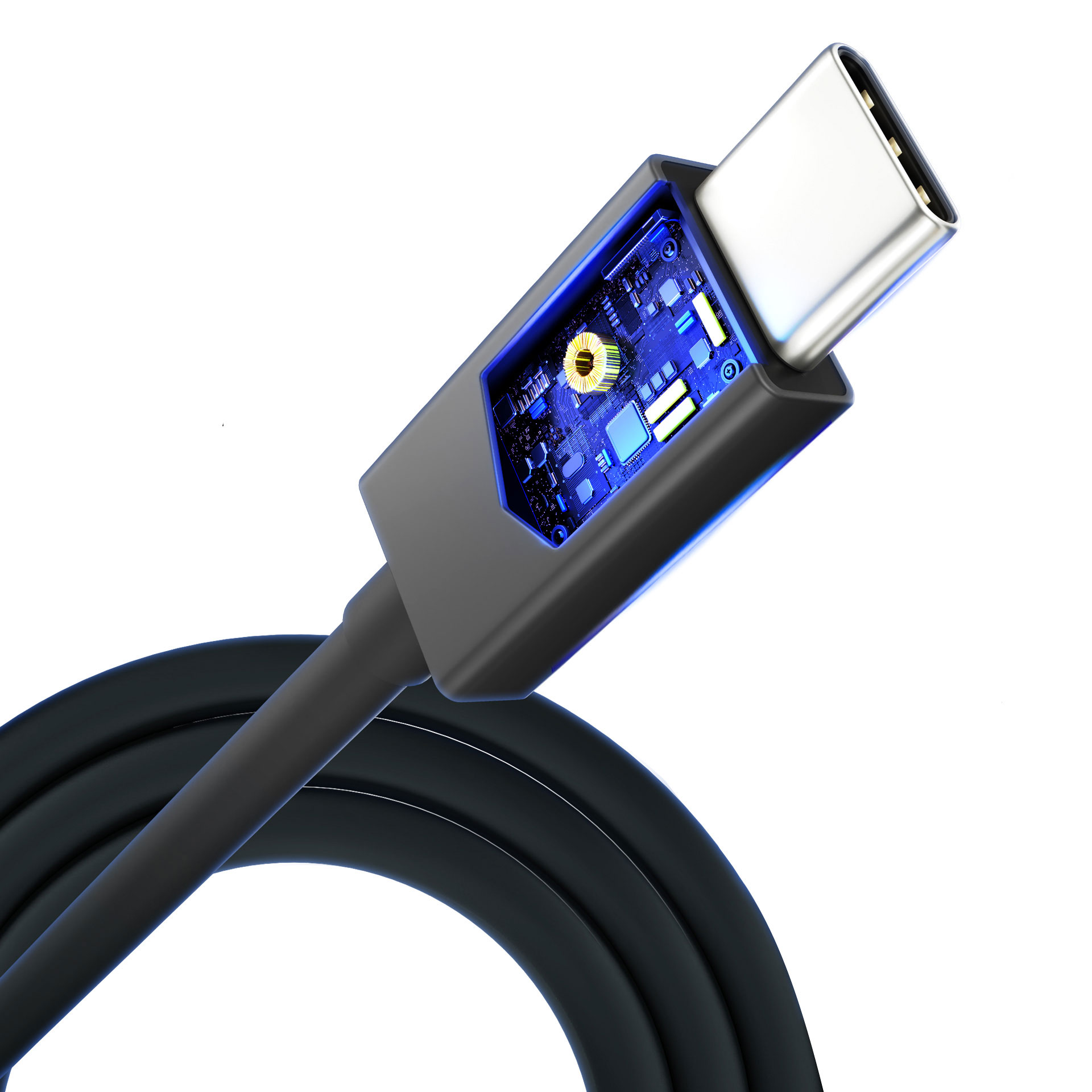 Kabel USB-C z symbolem błyskawicy. Czarny kabel z niebieskim podświetleniem wewnątrz.
