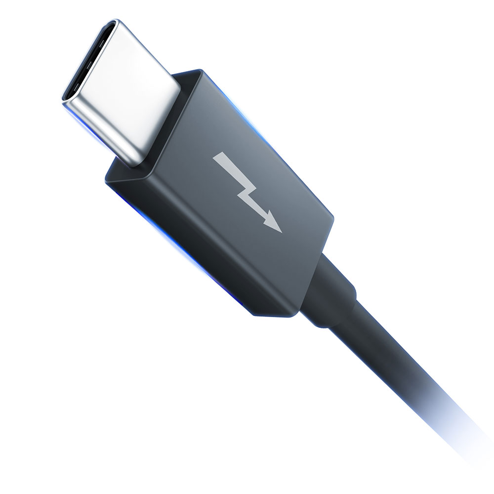 Kabel USB-C z symbolem błyskawicy. Czarny kabel, srebrne złącze.