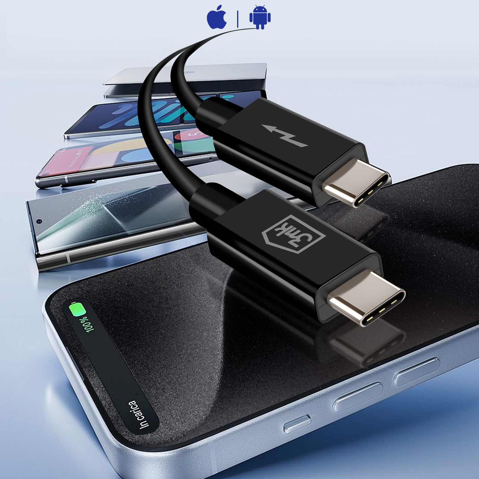 Czarne kable USB-C podłączone do telefonów. Ikony Apple i Android na górze.