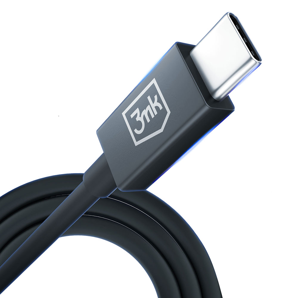 Czarny kabel USB-C ze złączem. Złącze ma logo 3mk. Kabel jest zwinięty.