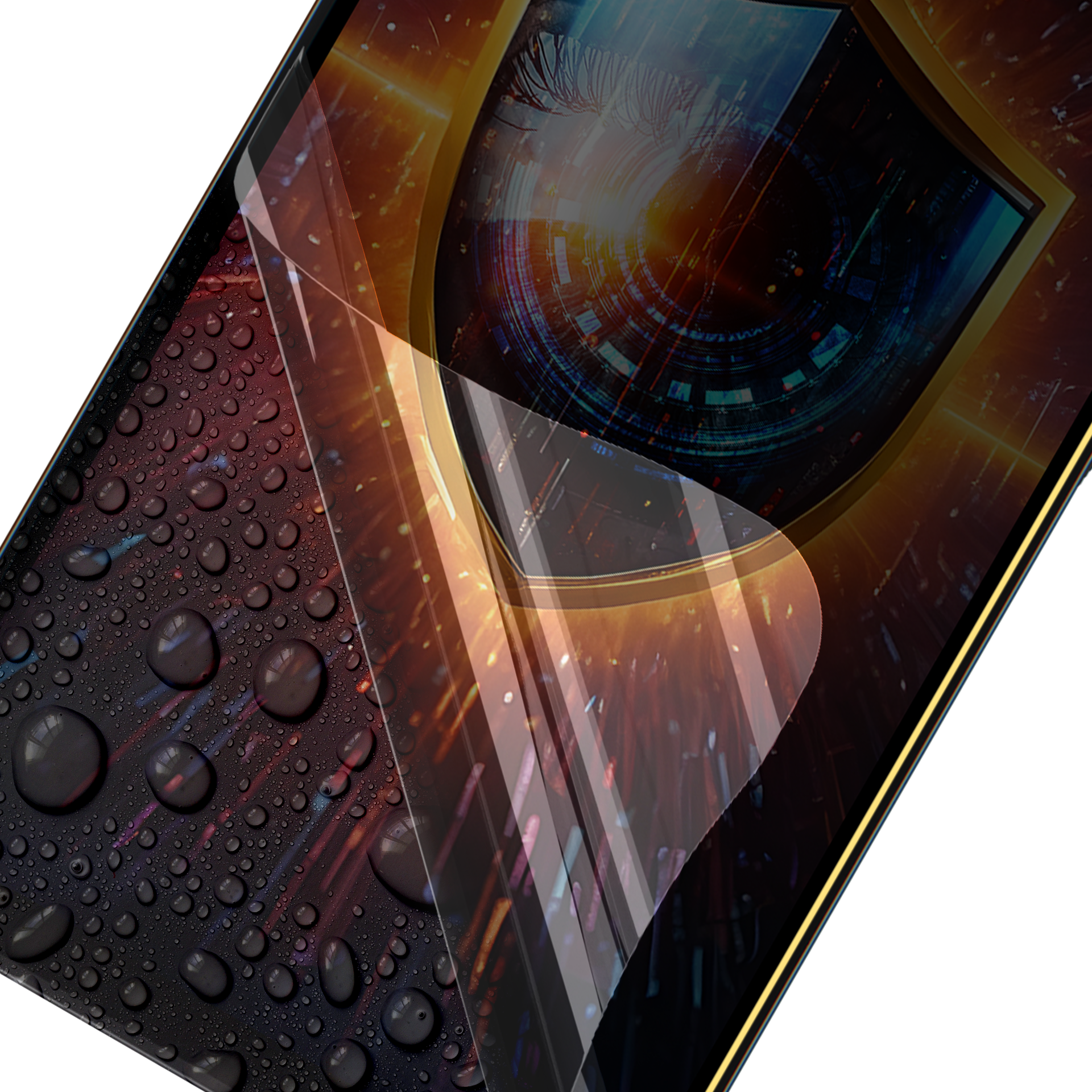 Schermo del telefono con gocce d'acqua. Il design è a forma di scudo.