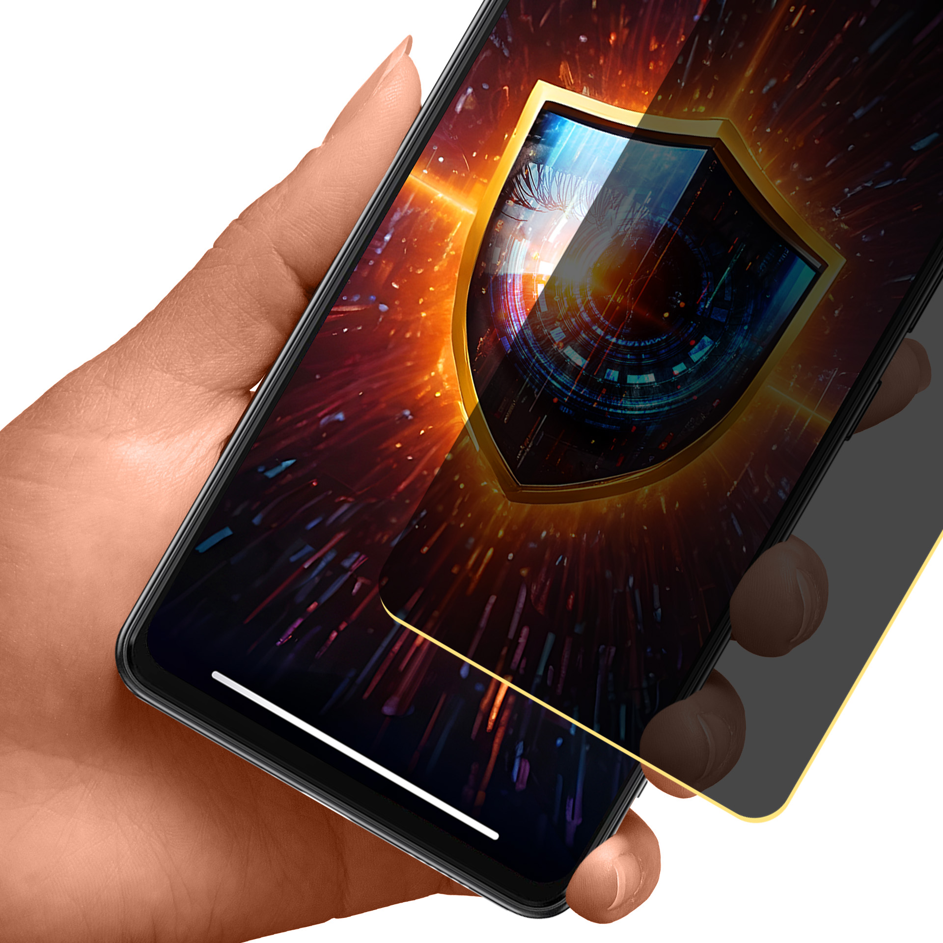 Mano che tiene un telefono con protezione privacy. Lo schermo mostra un design a occhio.