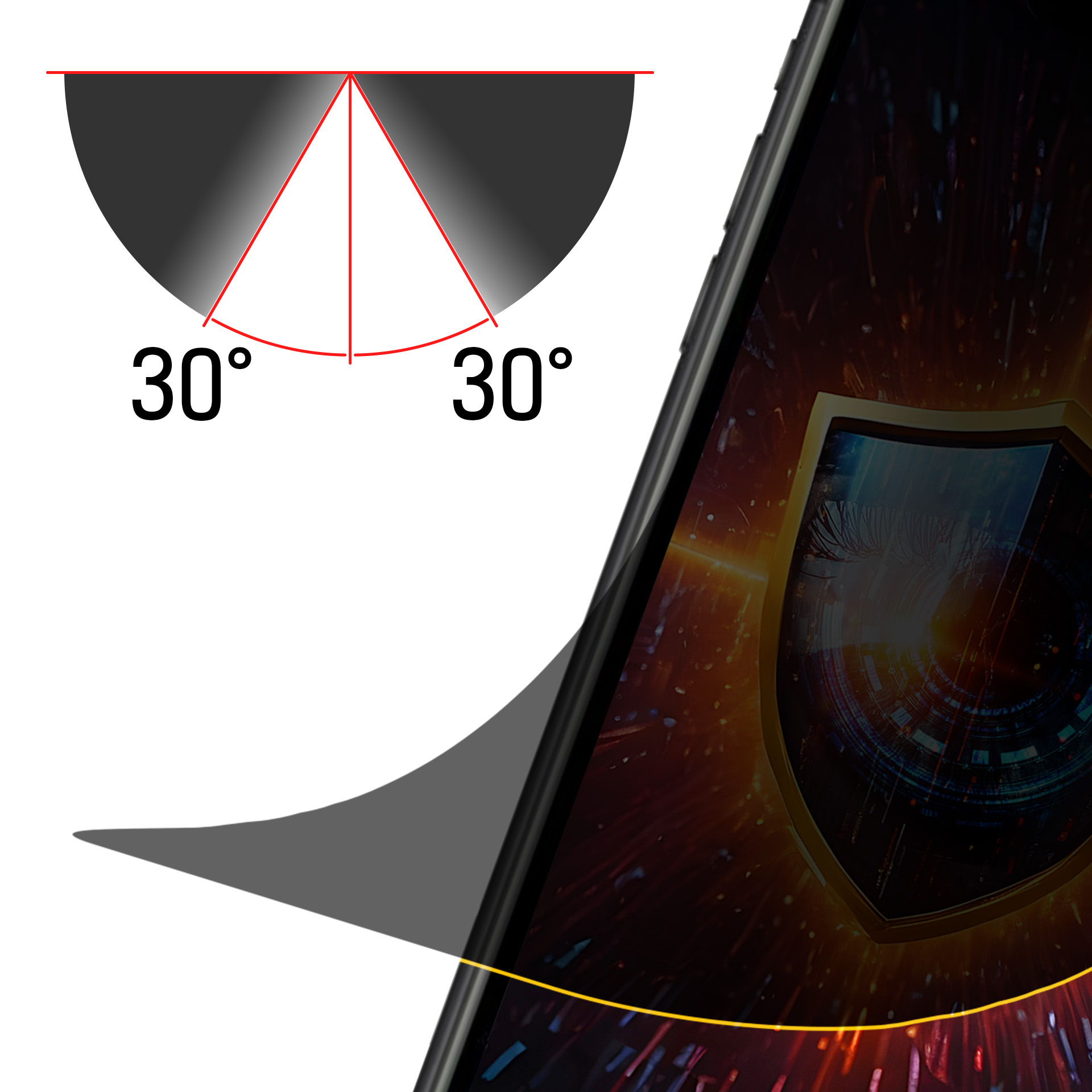 Diagram przedstawiający ekran telefonu z czarnym obszarem i czerwonymi liniami wskazującymi kąt widzenia. Kąt oznaczony jest 30 stopniami.