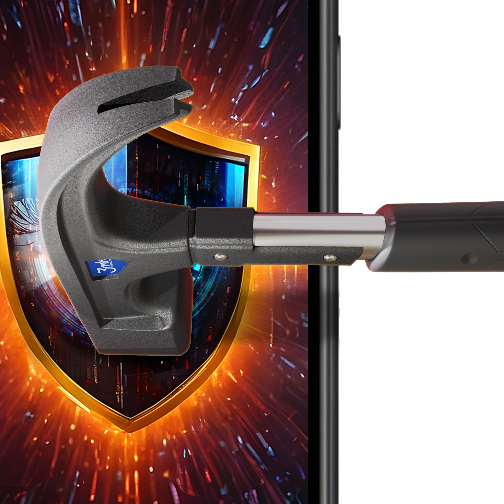 Młotek uderza w ekran telefonu, wyświetlając ikonę tarczy na tle ognia.