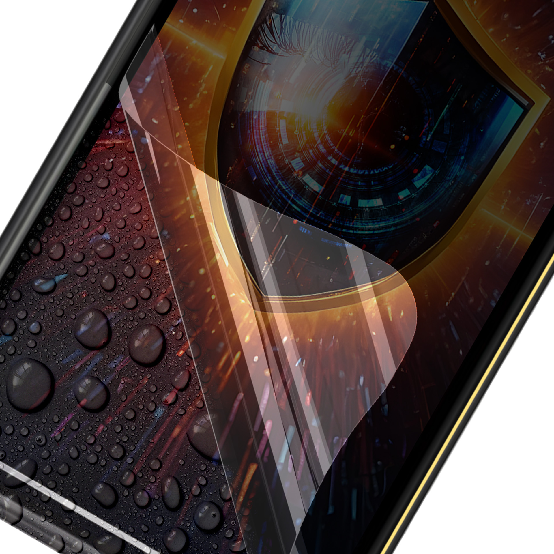 Ekran telefonu z kroplami wody i ochraniaczem, pokazujący ikonę tarczy.