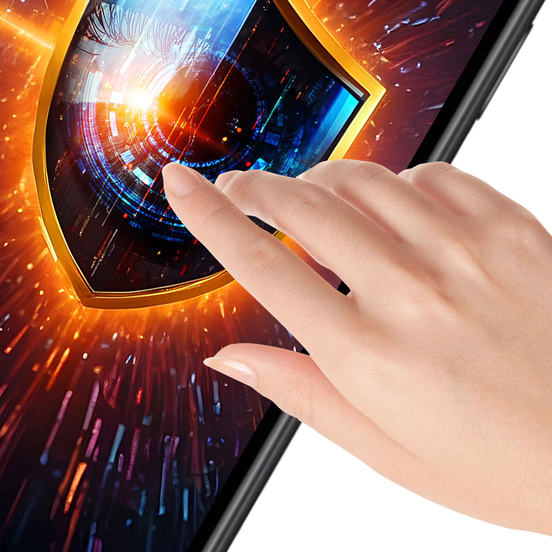 Dłoń dotyka ekranu telefonu z ikoną tarczy na kolorowym tle.