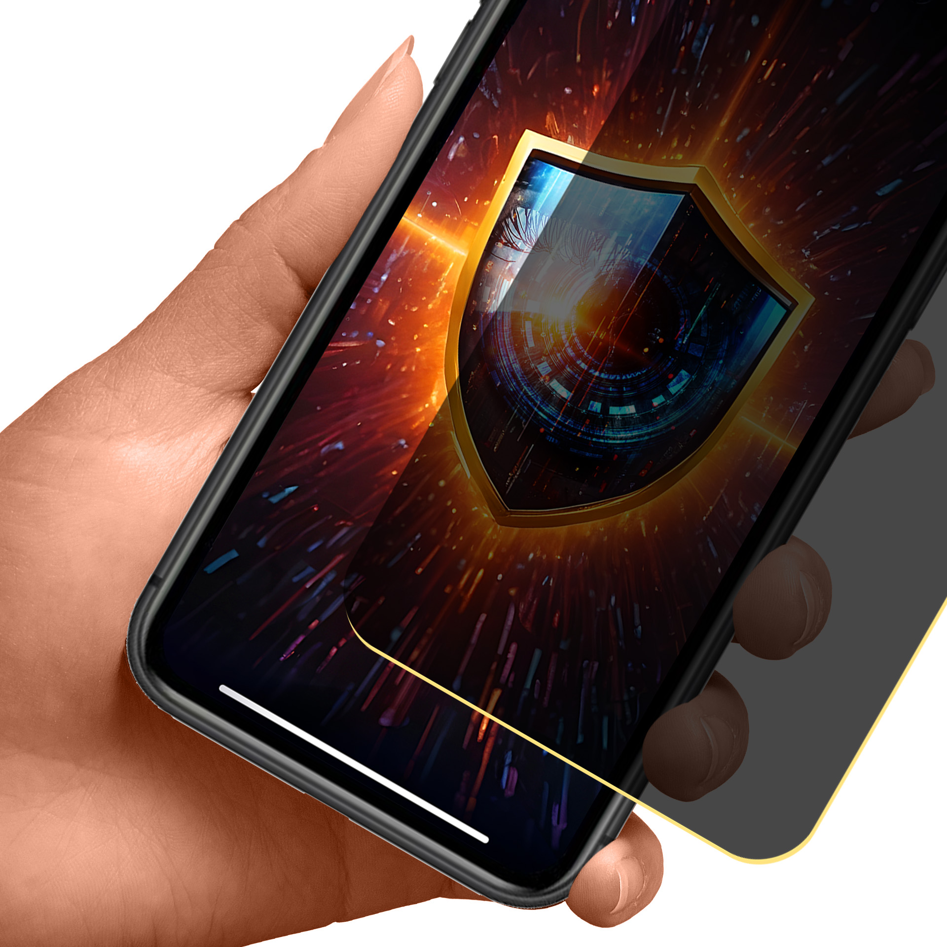 Dłoń trzymająca telefon, pokazująca ochraniacz ekranu z ikoną tarczy i kolorowym tłem.