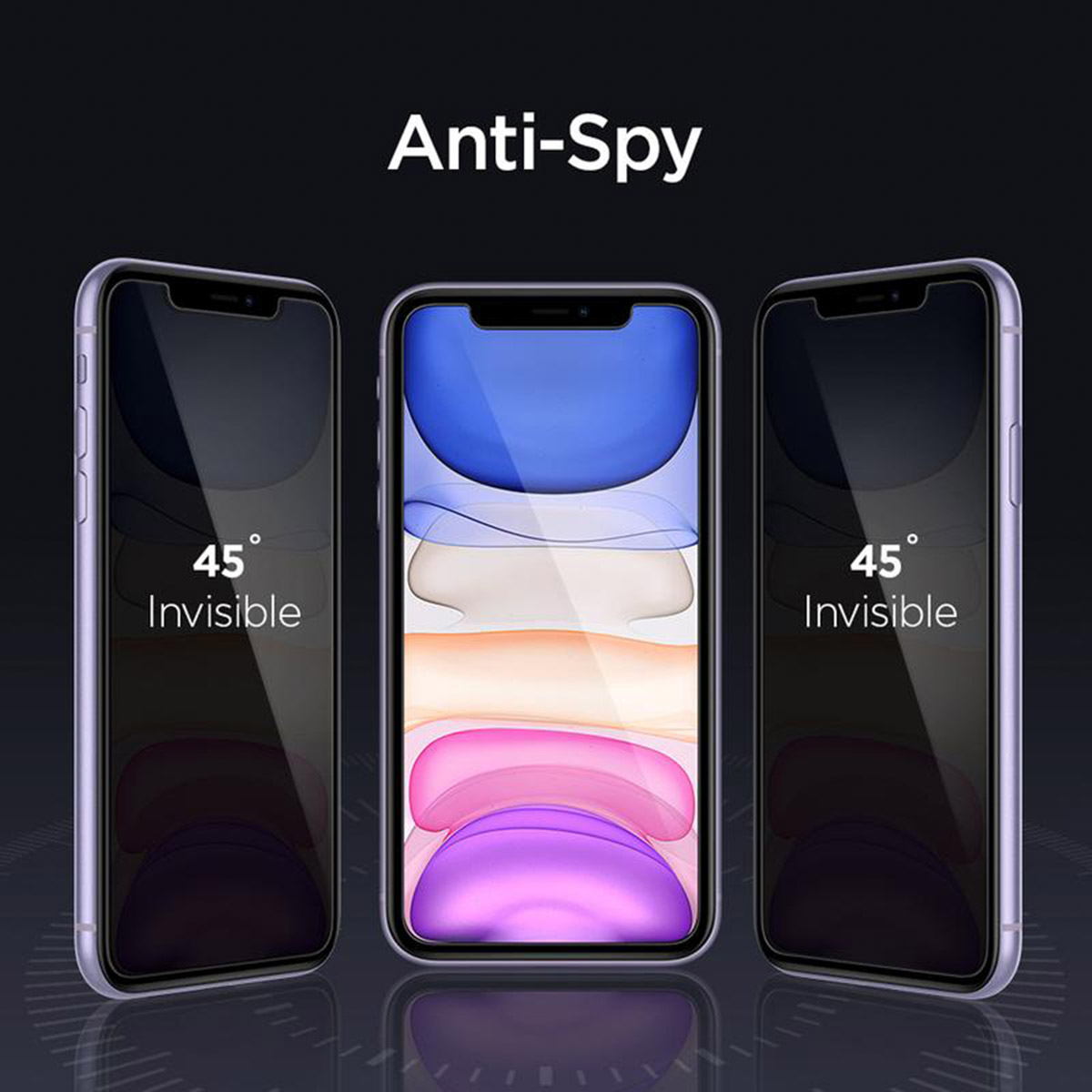 Drie telefoons met privacy-schermbeschermers met de tekst Anti-Spy, met verschillende achtergronden.