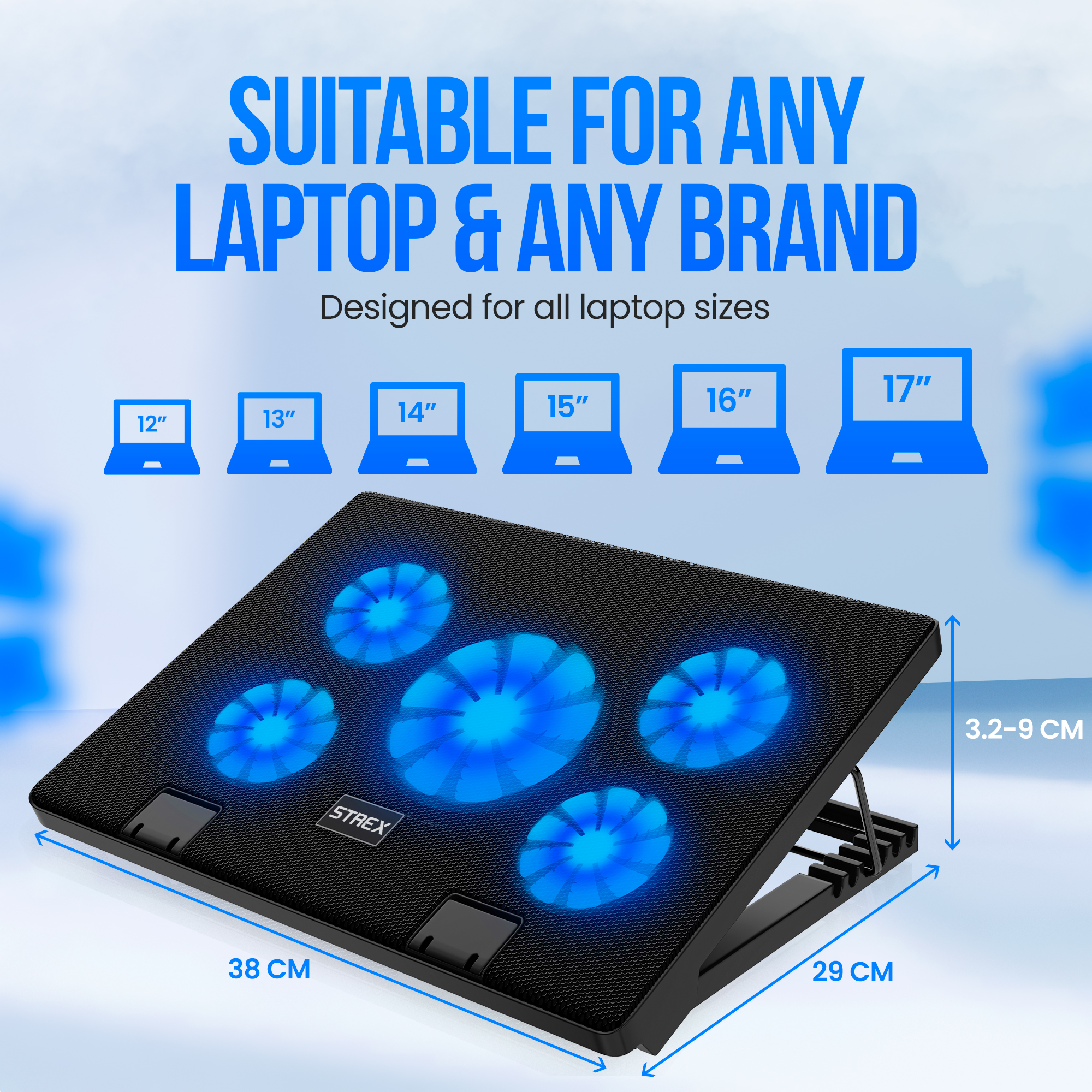 Zwarte laptopkoeler met afmetingen en laptopmaten: 12", 13", 14", 15", 16" en 17".