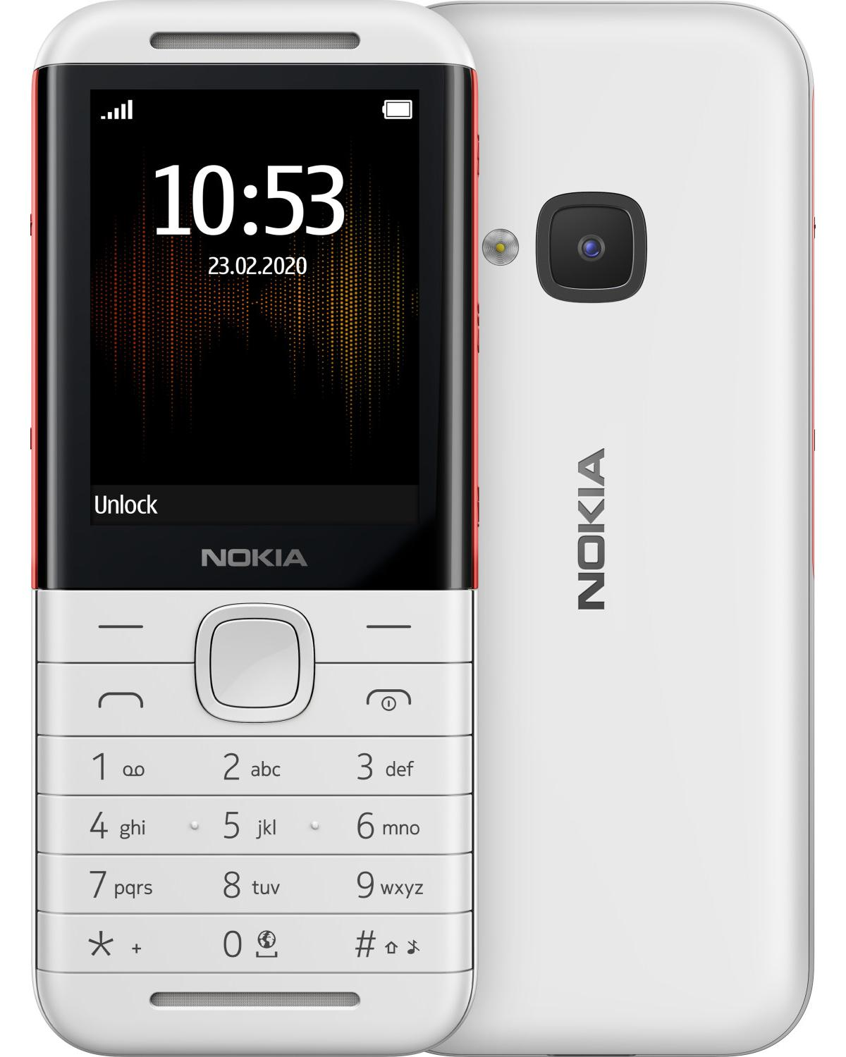 Biały telefon Nokia z czerwonymi akcentami. Ekran wyświetla godzinę i datę. Posiada klawiaturę numeryczną.