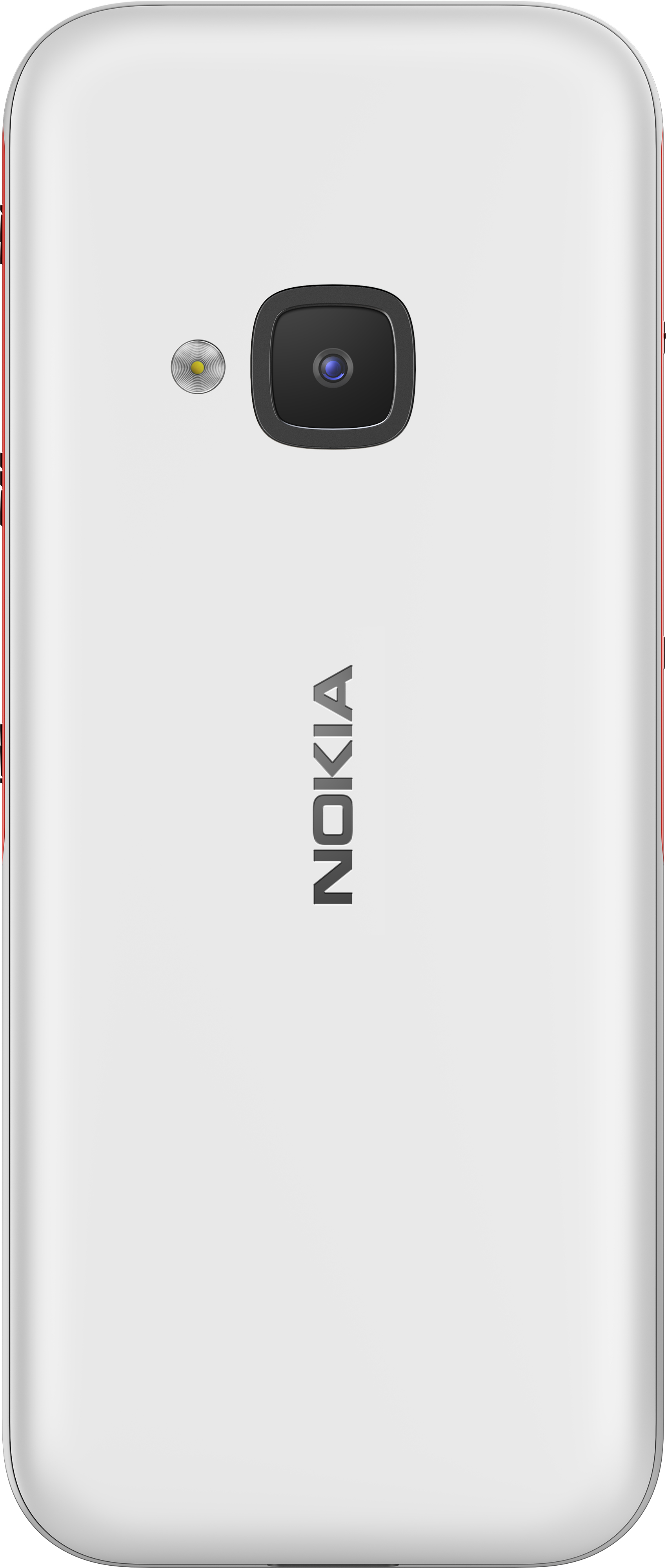 Tył białego telefonu Nokia. Widoczna kamera, lampa błyskowa i nazwa marki. Czerwone akcenty z boku.