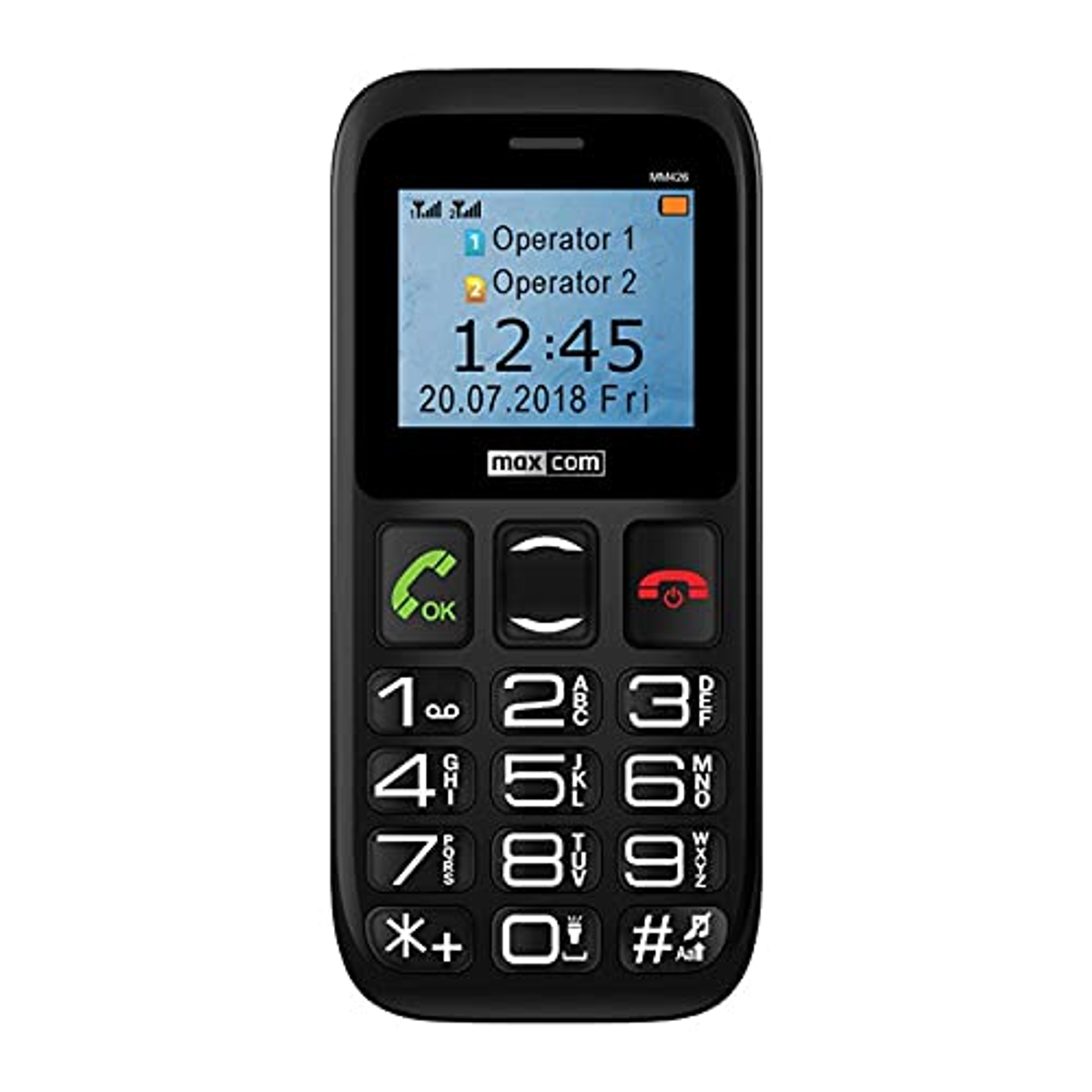 Teléfono negro. Pantalla mostrando hora, fecha e información del operador. Teclado numérico grande. Marca visible.