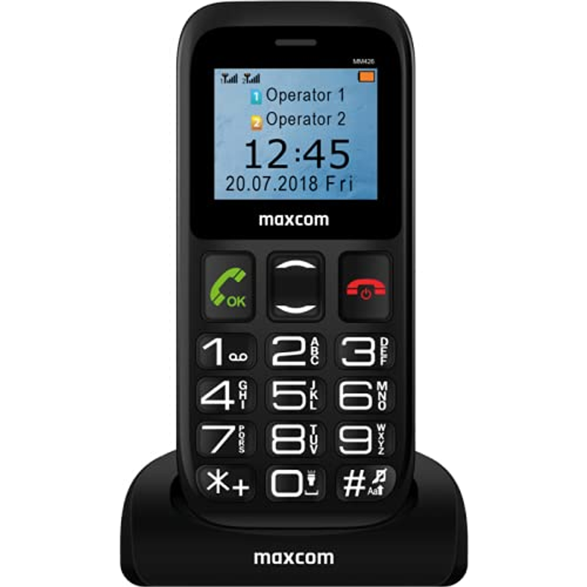 Teléfono Maxcom negro en soporte, con teclas grandes y pantalla con hora e info.