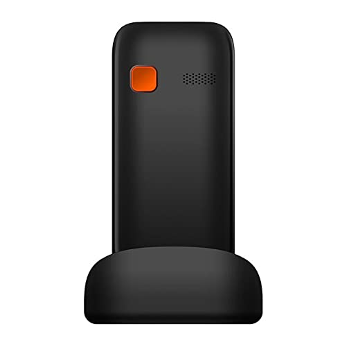 Teléfono negro en soporte, con botón naranja y altavoz.
