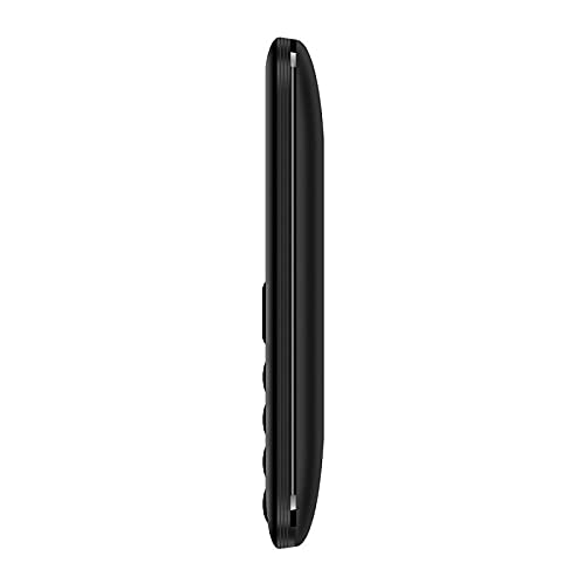 Teléfono negro, vista lateral. El teléfono es delgado con un teclado numérico. El lateral del teléfono es visible.