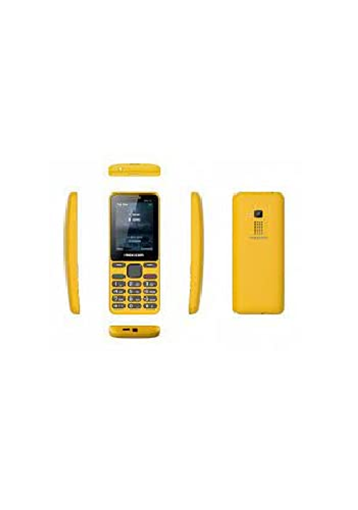 Teléfono amarillo con pantalla negra. Teclado abajo, varias vistas laterales. Fondo blanco.