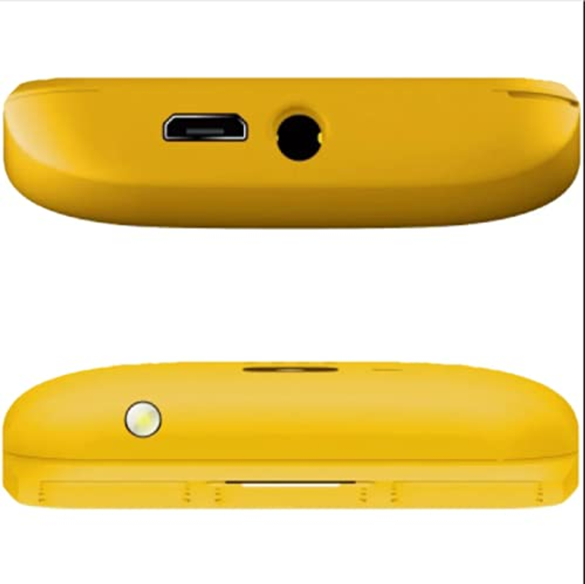 Bordes amarillos del teléfono. Puerto USB y conector de audio visibles.