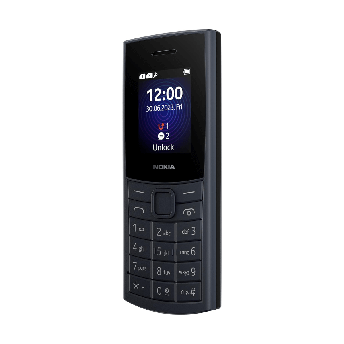 Telefono Nokia nero con schermo che mostra la data e l'ora. Il telefono ha una tastiera sotto lo schermo.