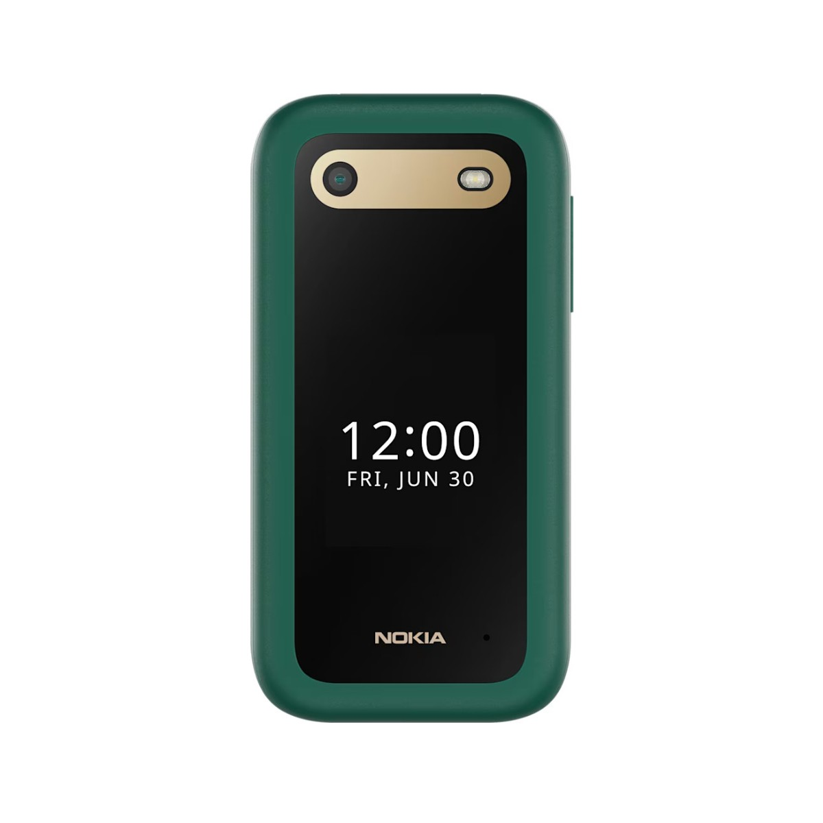 Zielony telefon Nokia otwarty, czarny ekran z godziną i logo.