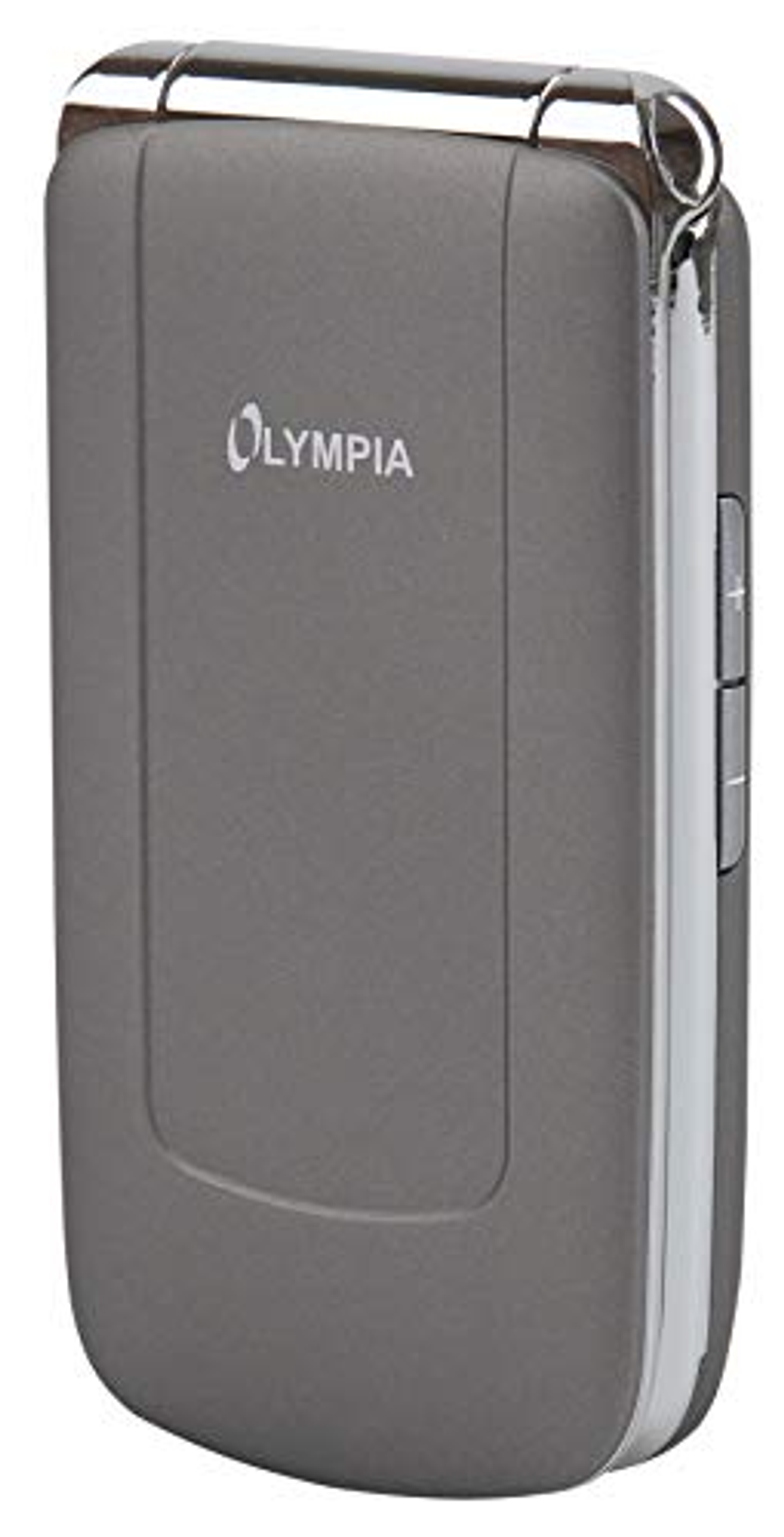 Un telefono a conchiglia grigio. Il marchio 'Olympia' è stampato sulla cover. Il telefono è chiuso.