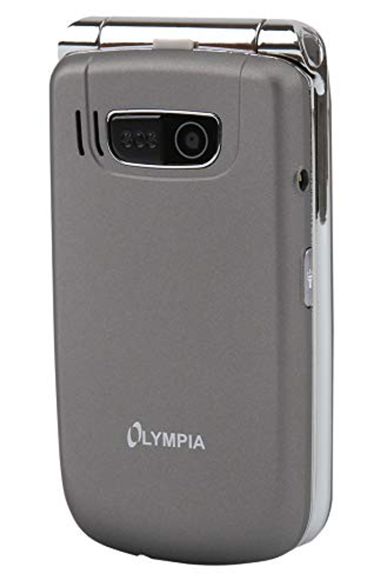Retro del telefono a conchiglia Olympia grigio, con fotocamera e logo Olympia, su sfondo bianco.