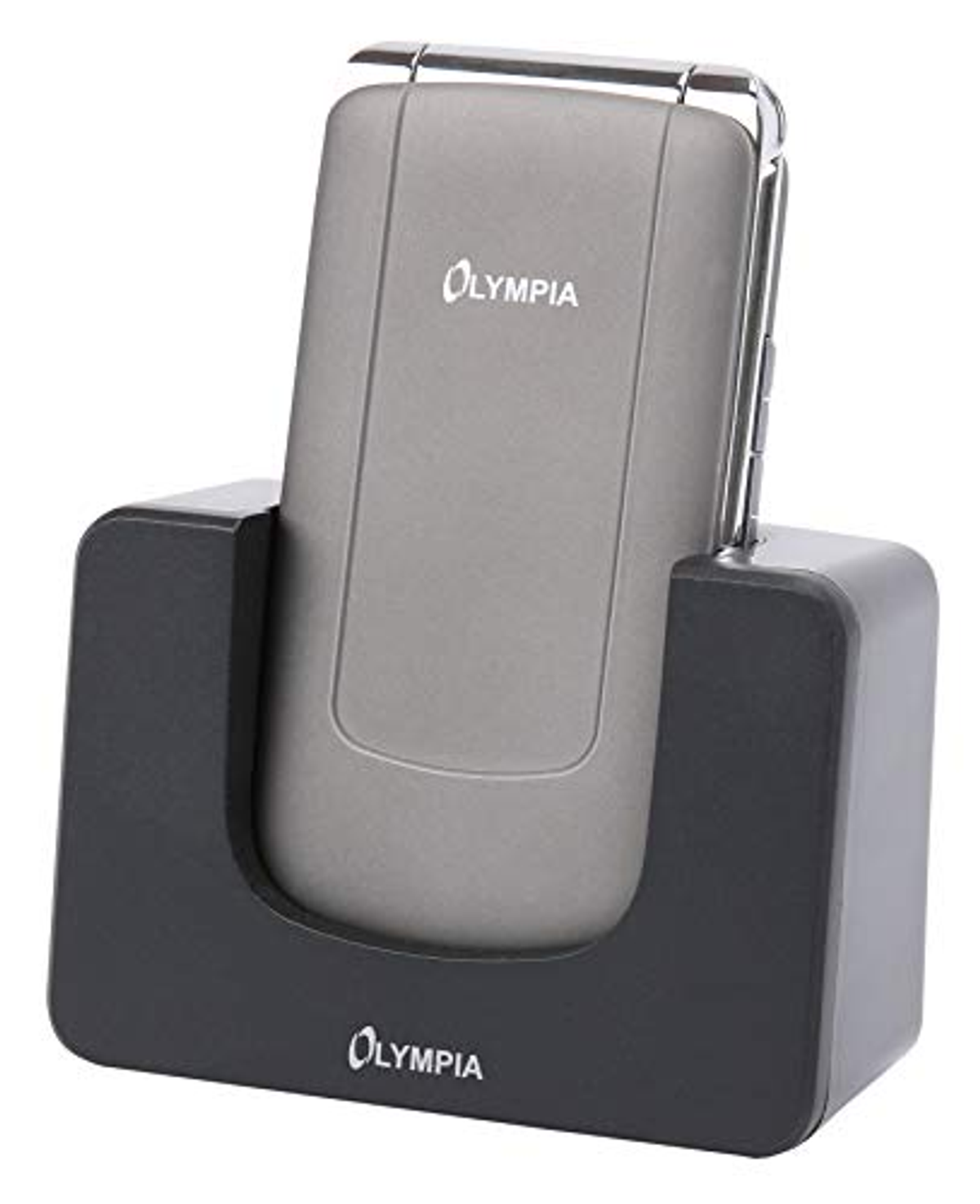 Telefono a conchiglia Olympia grigio in base di ricarica nera, con logo Olympia, su sfondo bianco.
