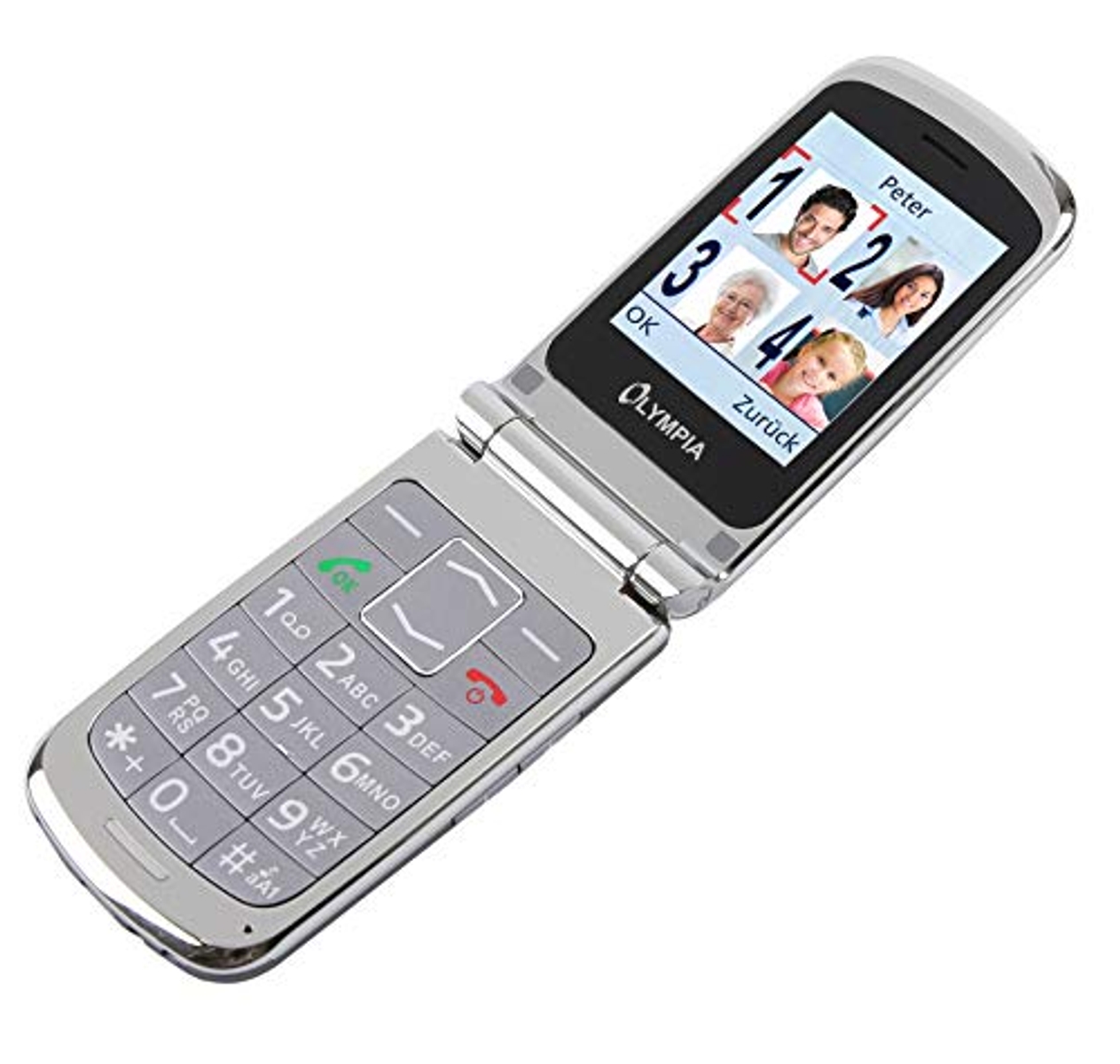Un telefono a conchiglia argentato, aperto. Mostra uno schermo con volti e un logo Olympia e una tastiera.