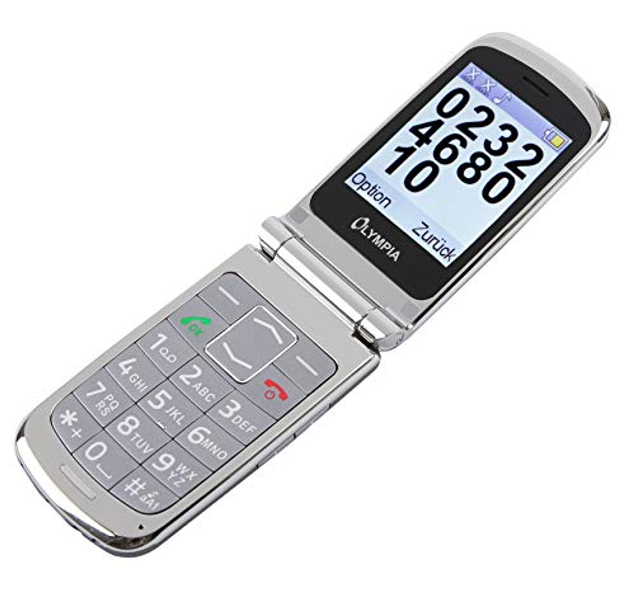 Telefono a conchiglia argentato aperto, schermo con numeri e opzioni, tasti con numeri e simboli.