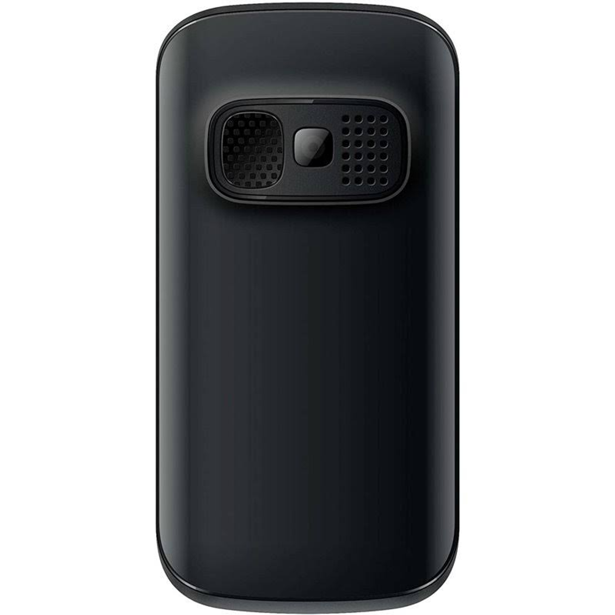 Un teléfono negro, vista trasera. El teléfono tiene cámara, altavoz y superficie texturizada. Fondo blanco.