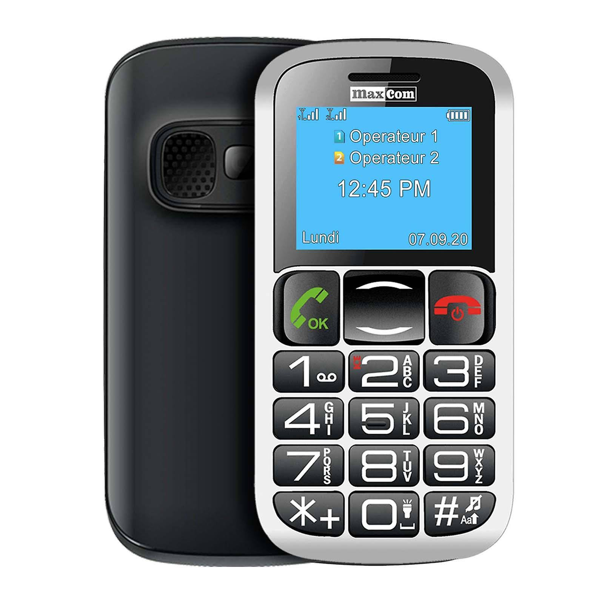 Teléfono negro y plateado con botones grandes y una pantalla que muestra la hora y la fecha, con la marca MaxCom.