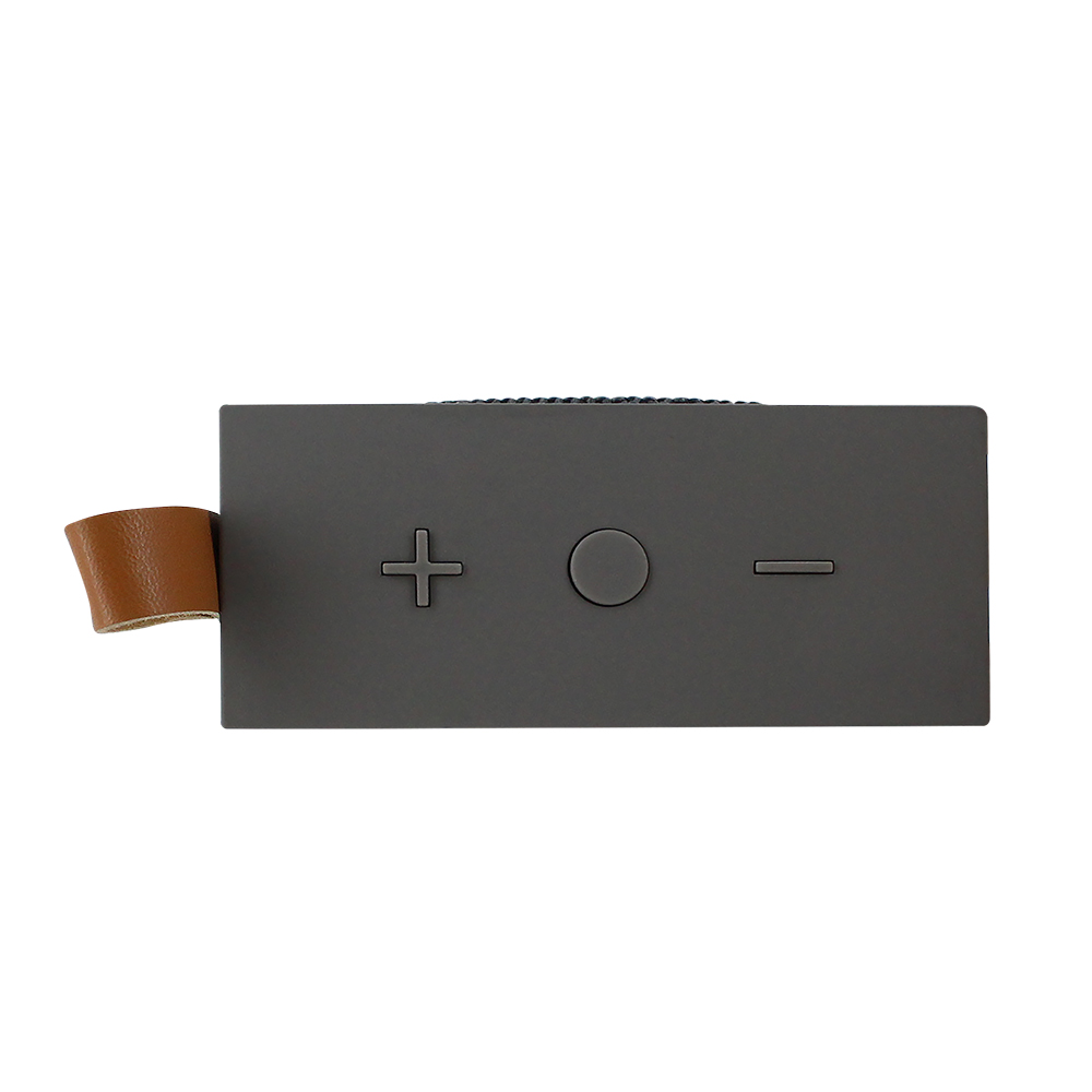 Altavoz rectangular gris oscuro con correa de cuero. Tiene botones de más, círculo y menos.