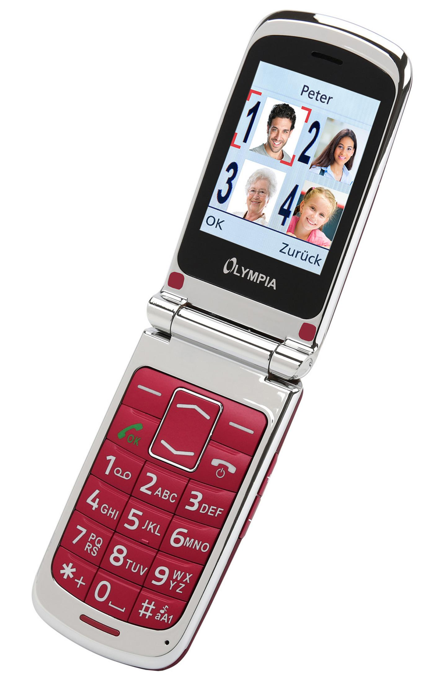 Un telefono a conchiglia rosa e argento aperto, che mostra i contatti sullo schermo. Tastiera rossa visibile.